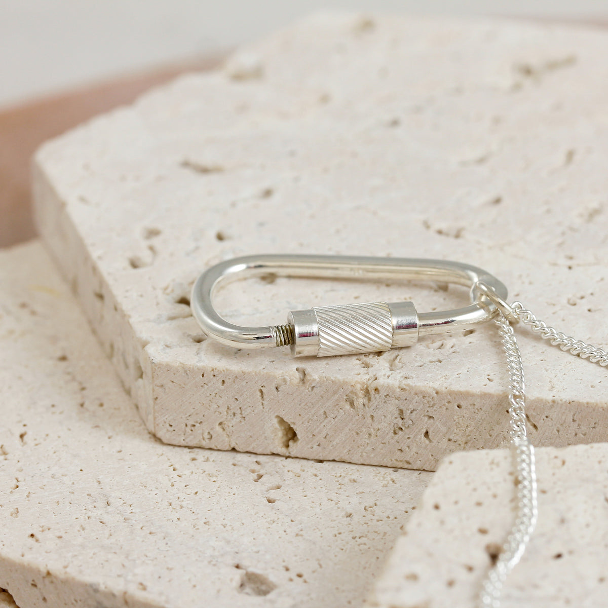 opening silver carabiner necklace gift for climber