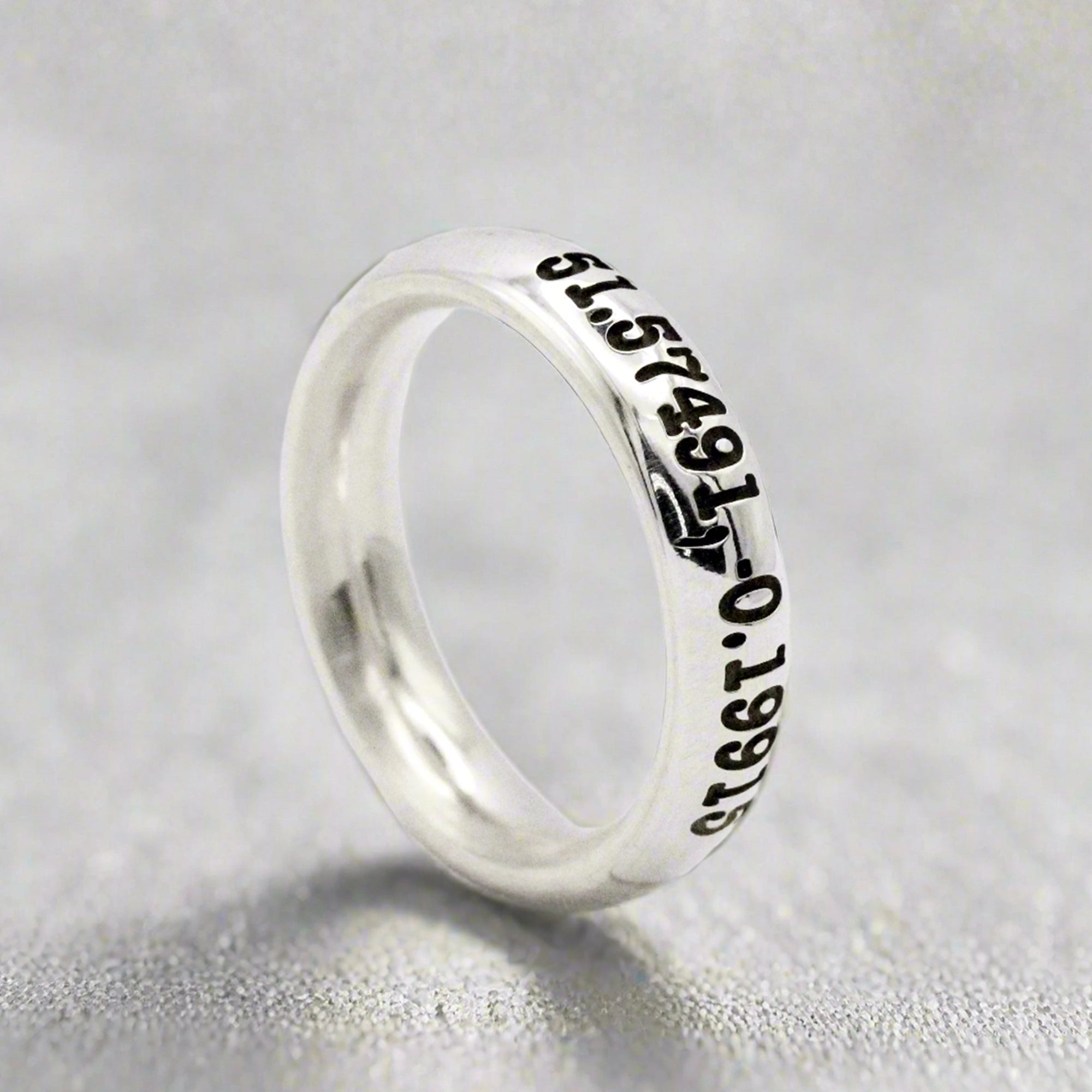 silver mens ring engraved with coordinates