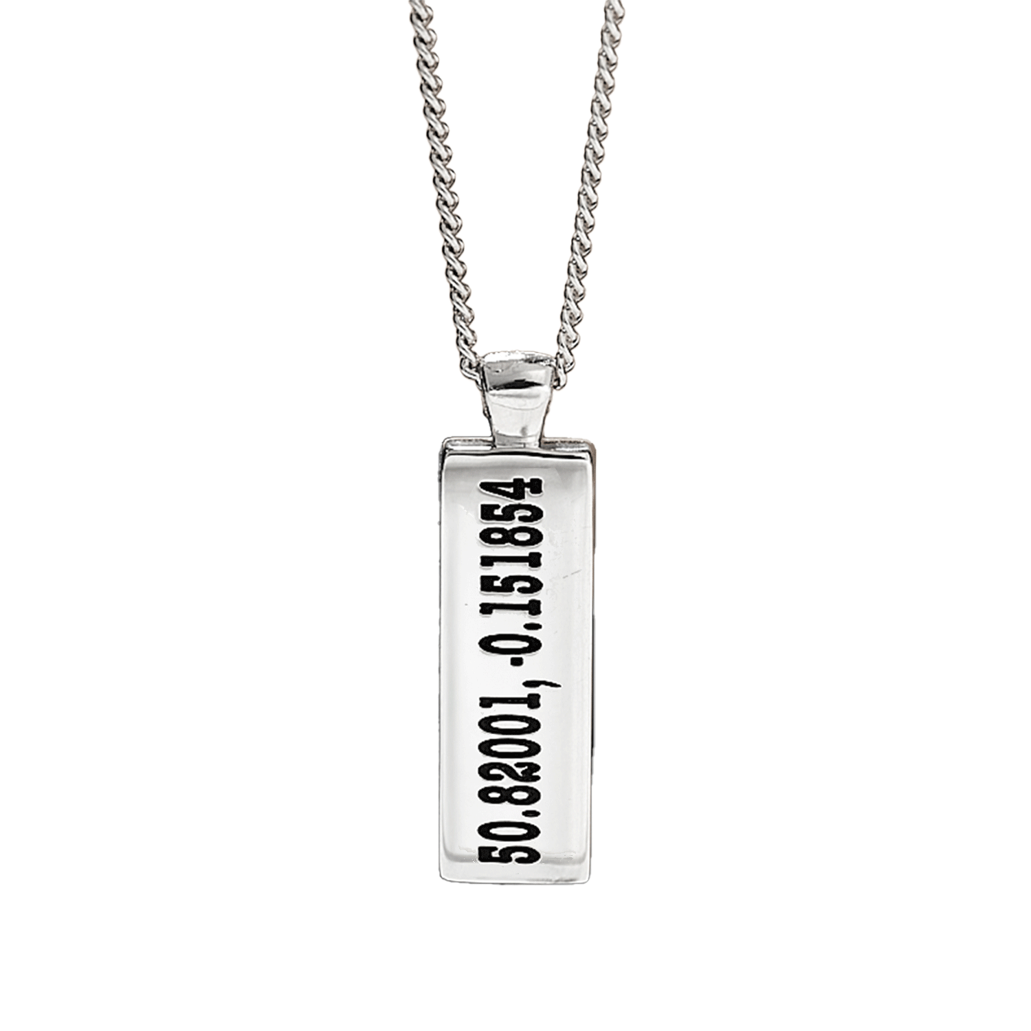 Silver latitude longitude coordinates engraved necklace with a rectangular pendant on a white background