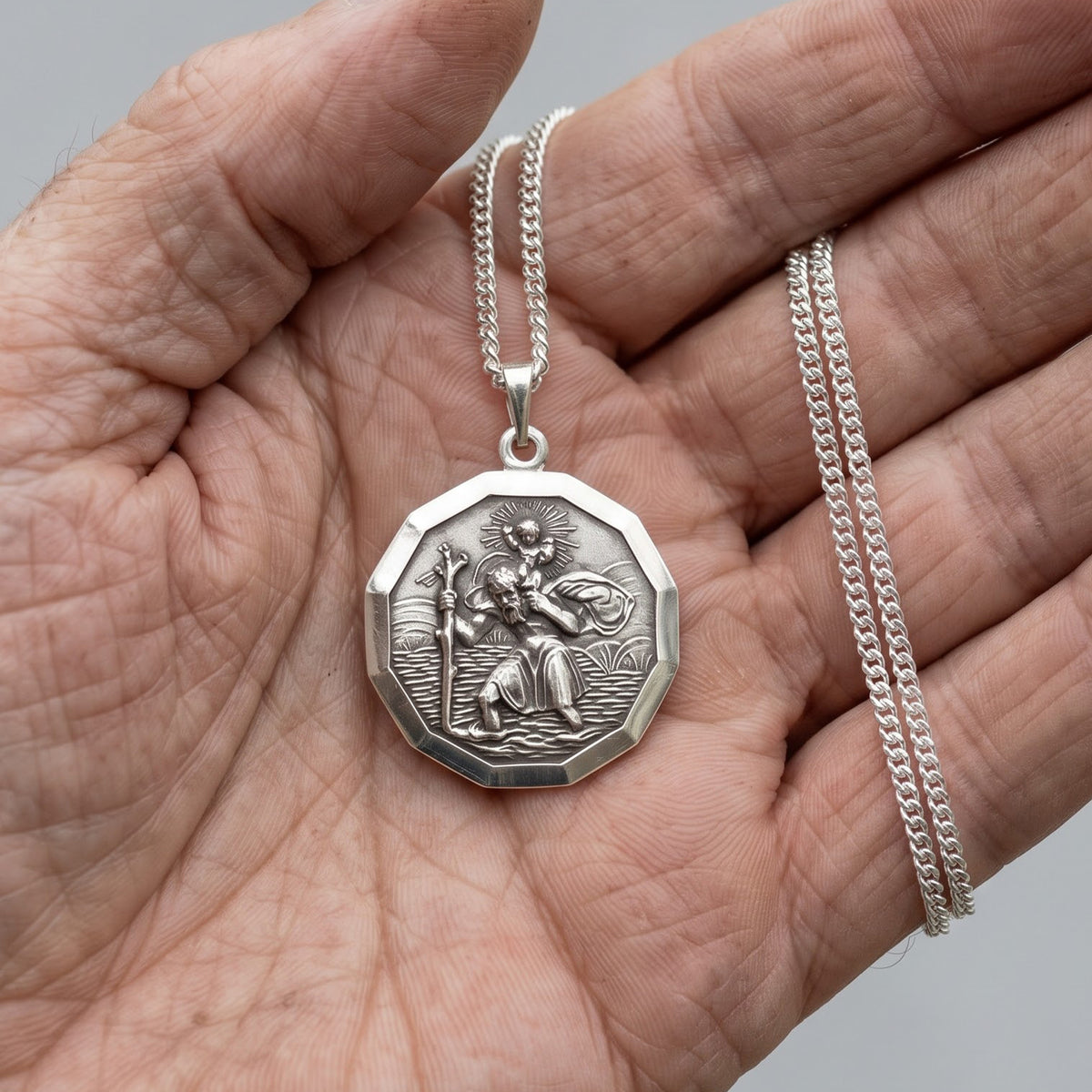 St Christopher Large Dodecagon Personalised Silver Necklace