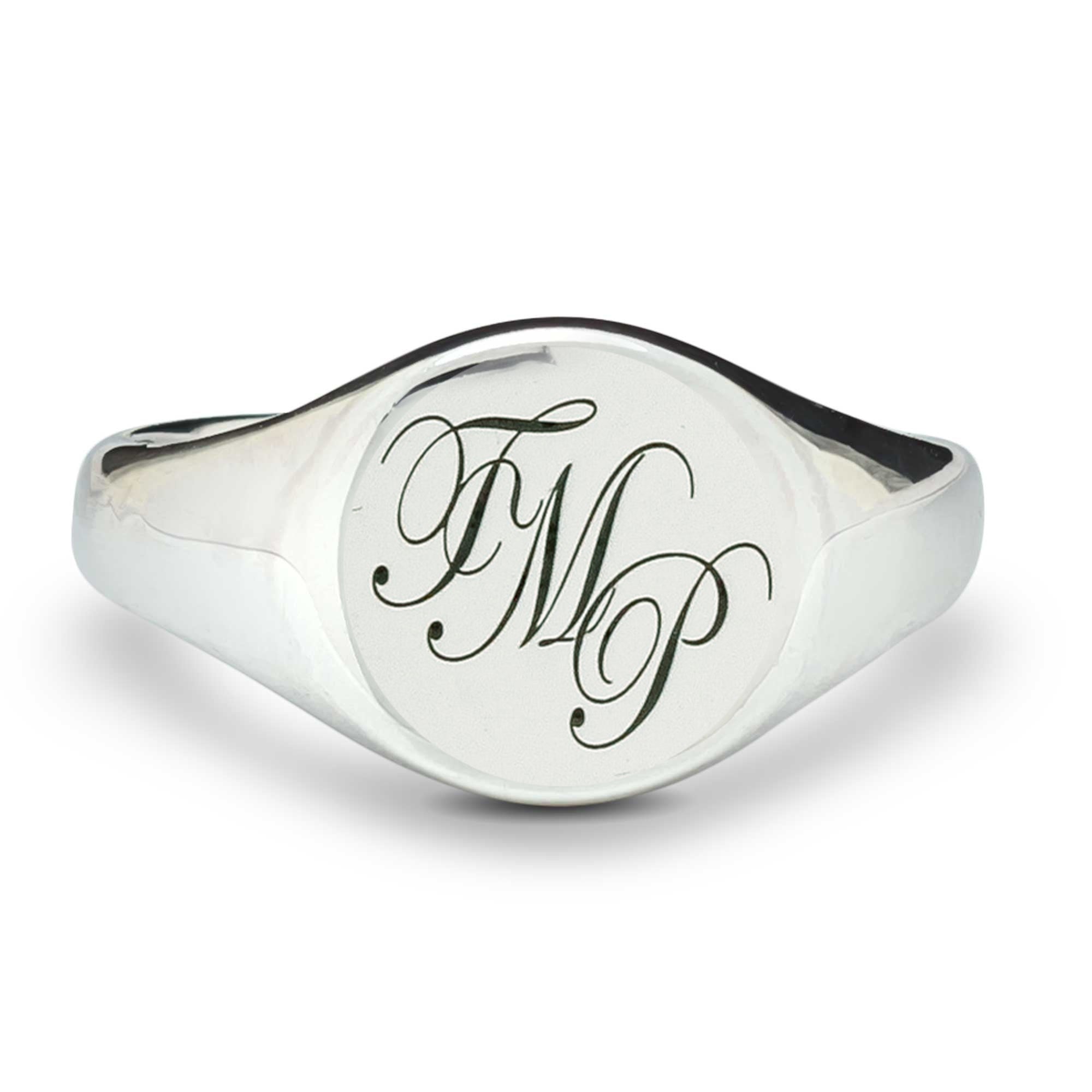 Script Initials Round Silver Signet Ring  - 3 Initials