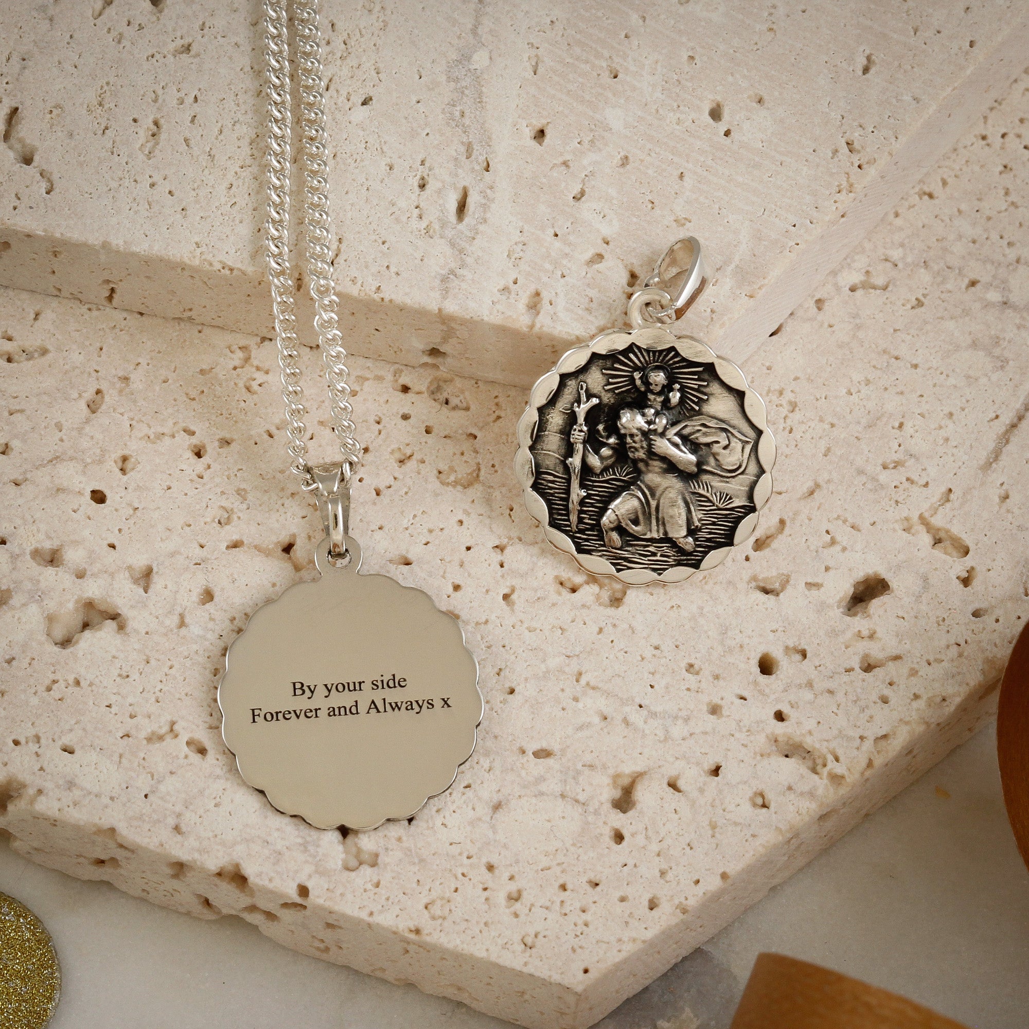 silver st. Christopher necklace with engraved back oxidised finish made in UK