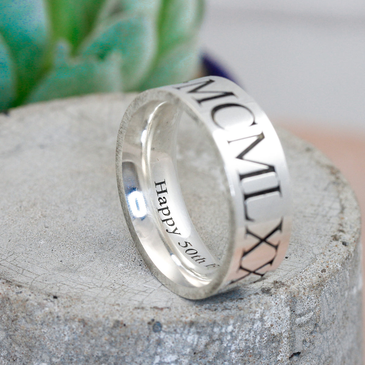 roman numerals birth date engraved 8mm wide mens flat ring inside message 50th birthday