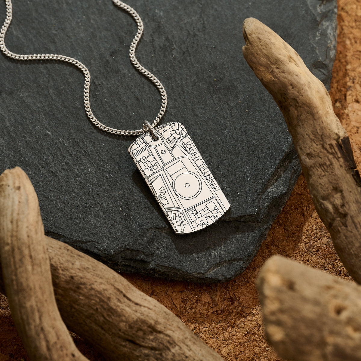 Recycled silver dog tag necklace engraved with custom street map location