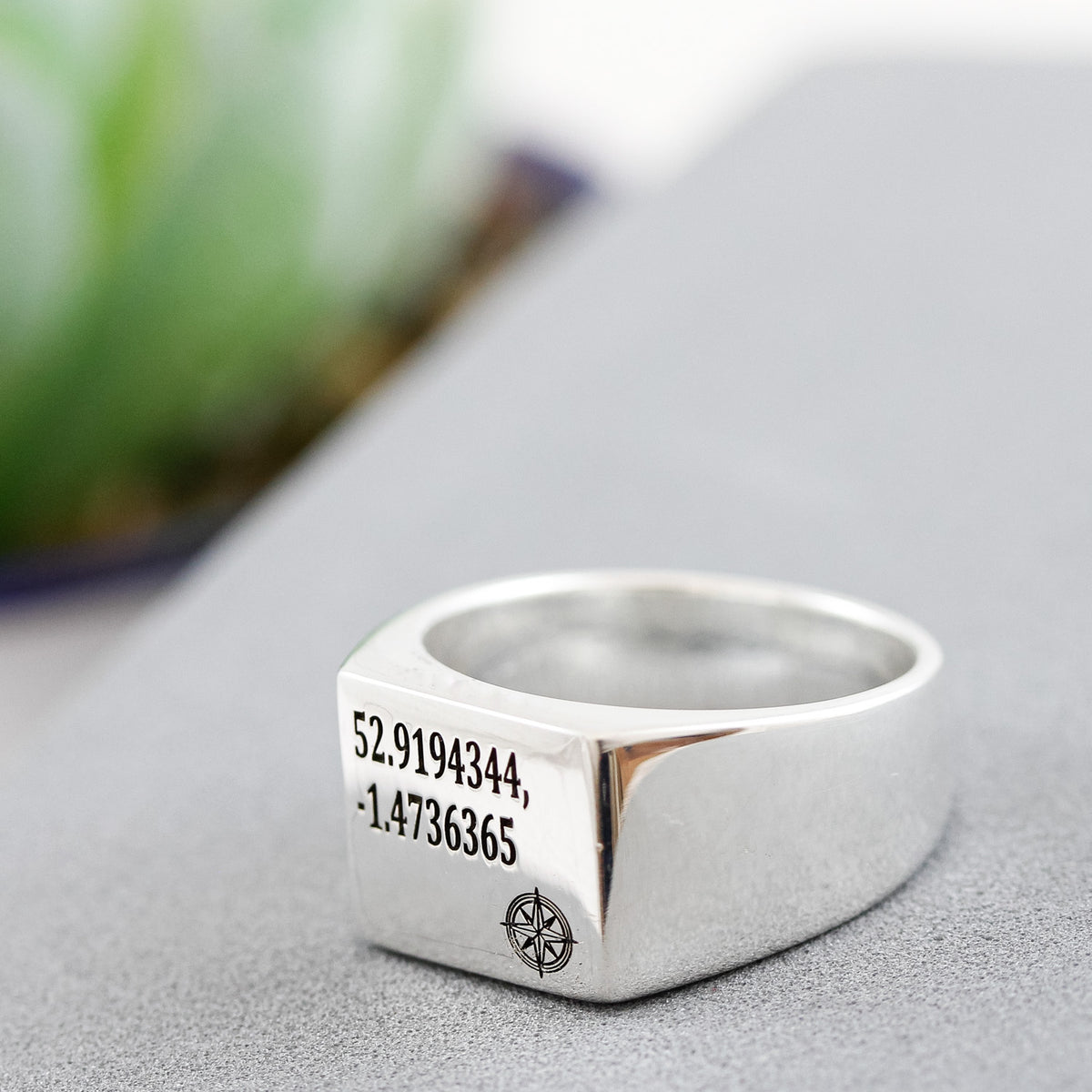 silver mens signet rings with coordinates