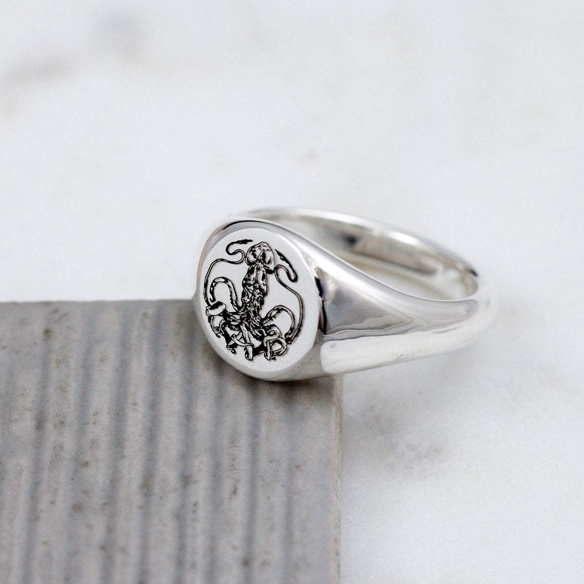 mens custom signet ring engraved with drawing