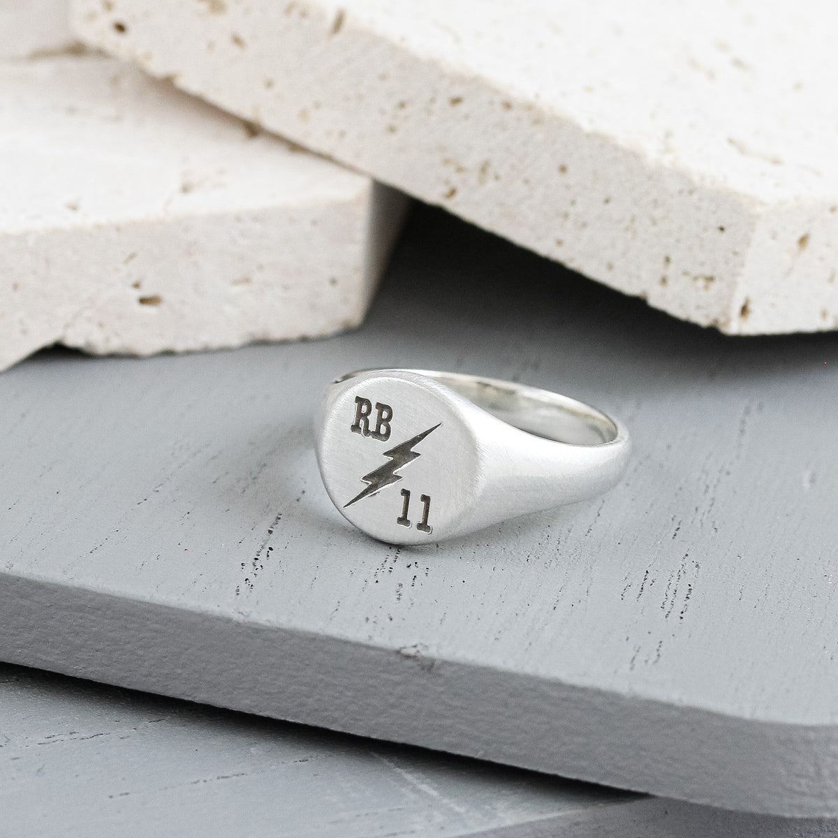 lightning bolt initials silver signet ring matte finish