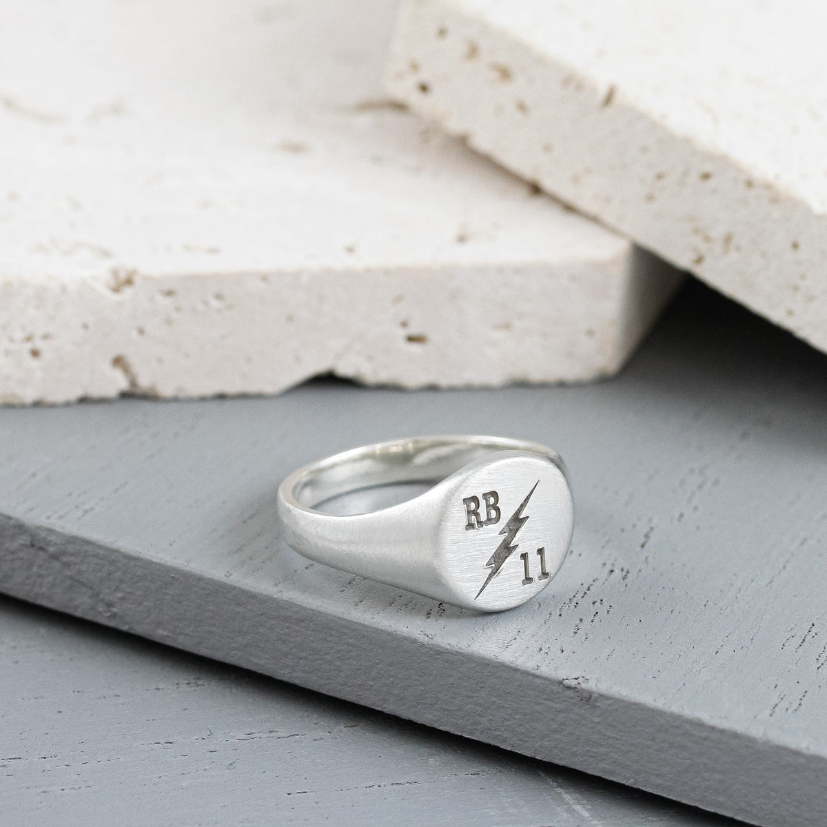 lightning bolt initials silver signet ring matte finish