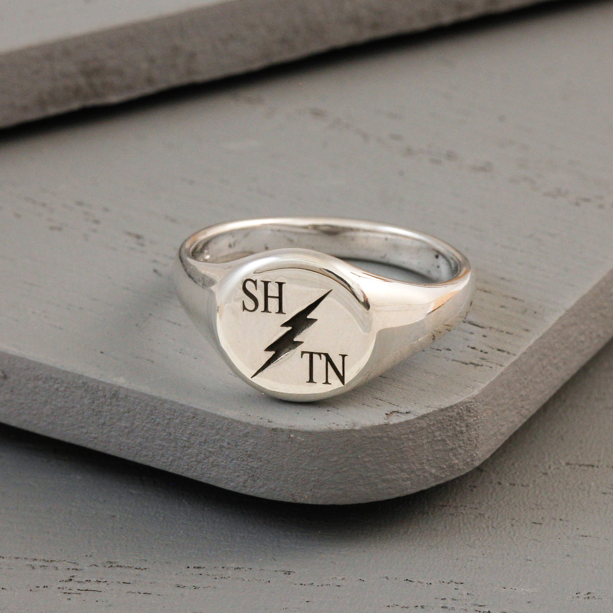 personalised initials signet ring couples gift lightning bolt