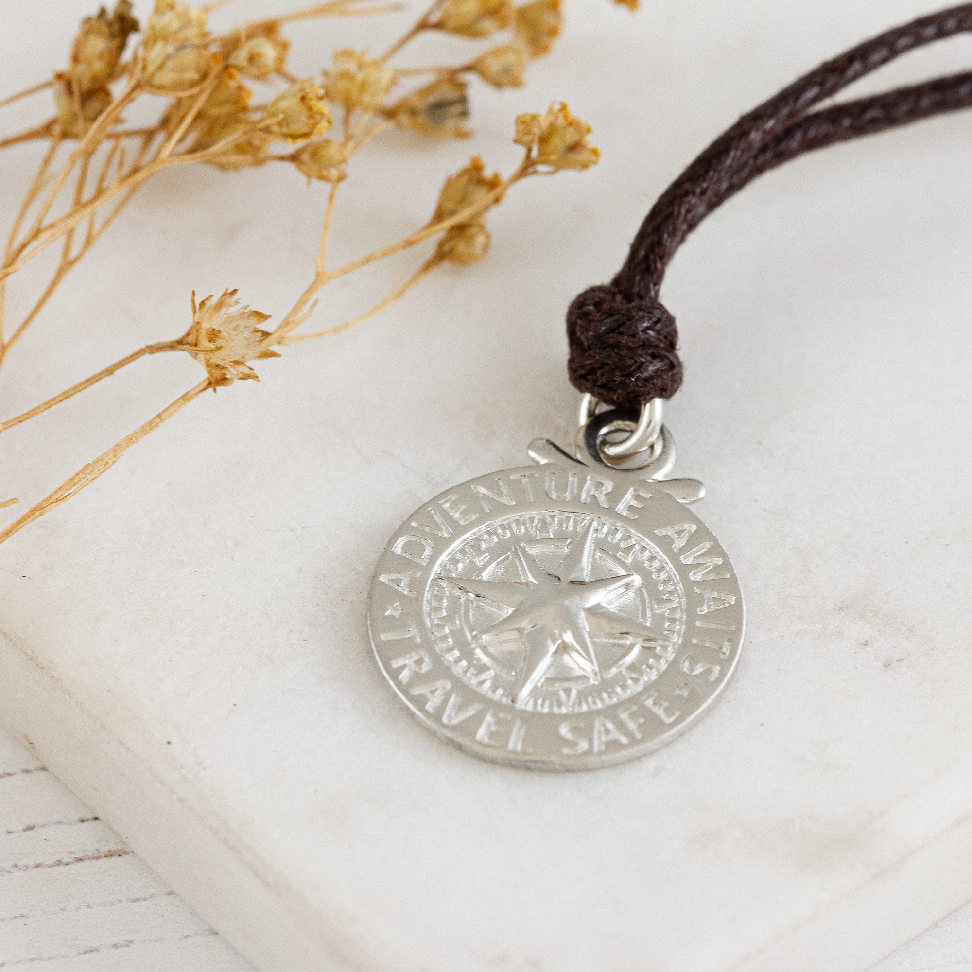 matte finish large silver compass st christopher on brown vegan cord