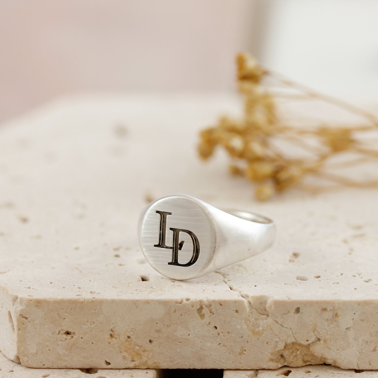 silver pinky ring with custom initials