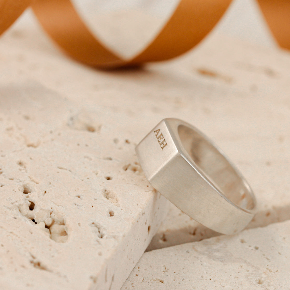 matte brushed finish mens signet ring engraved with initials