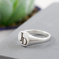 silver matte finish signet ring engraved with monogram initials JD