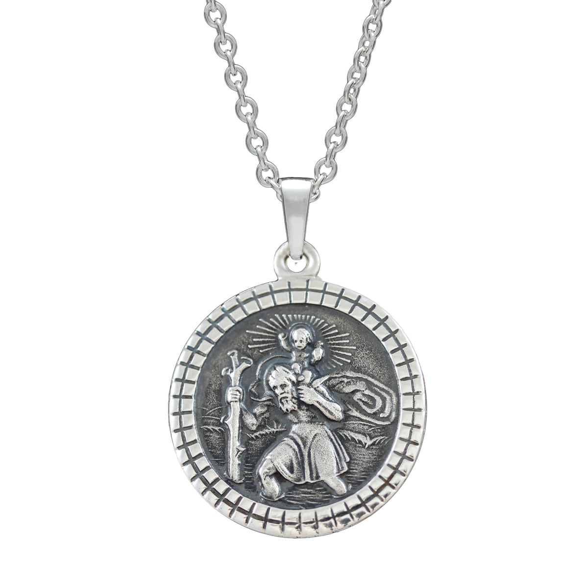 silver cast mosaic border Saint Christopher necklace