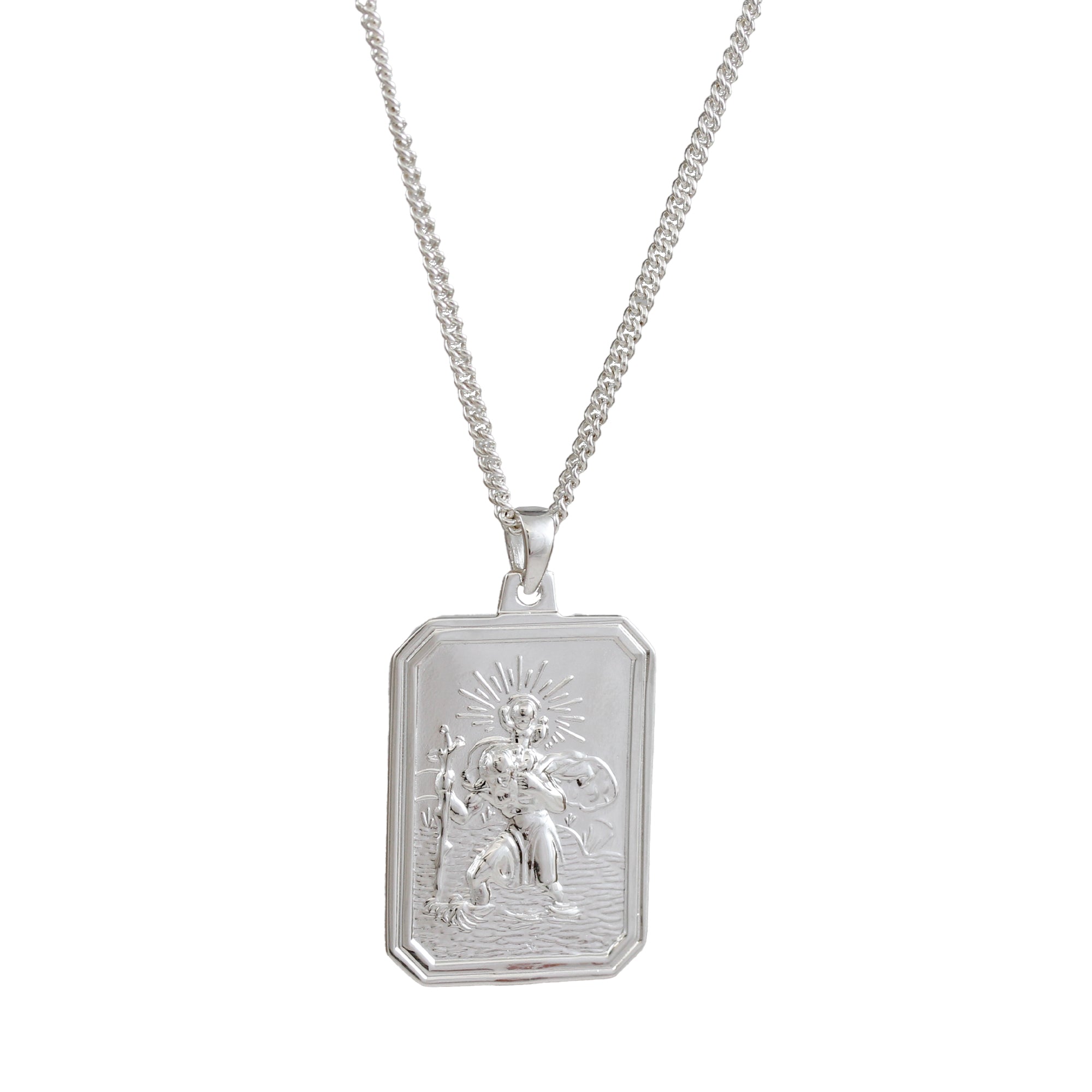 silver cast Dog Tag Saint Christopher necklace on 2.1mm curb chain