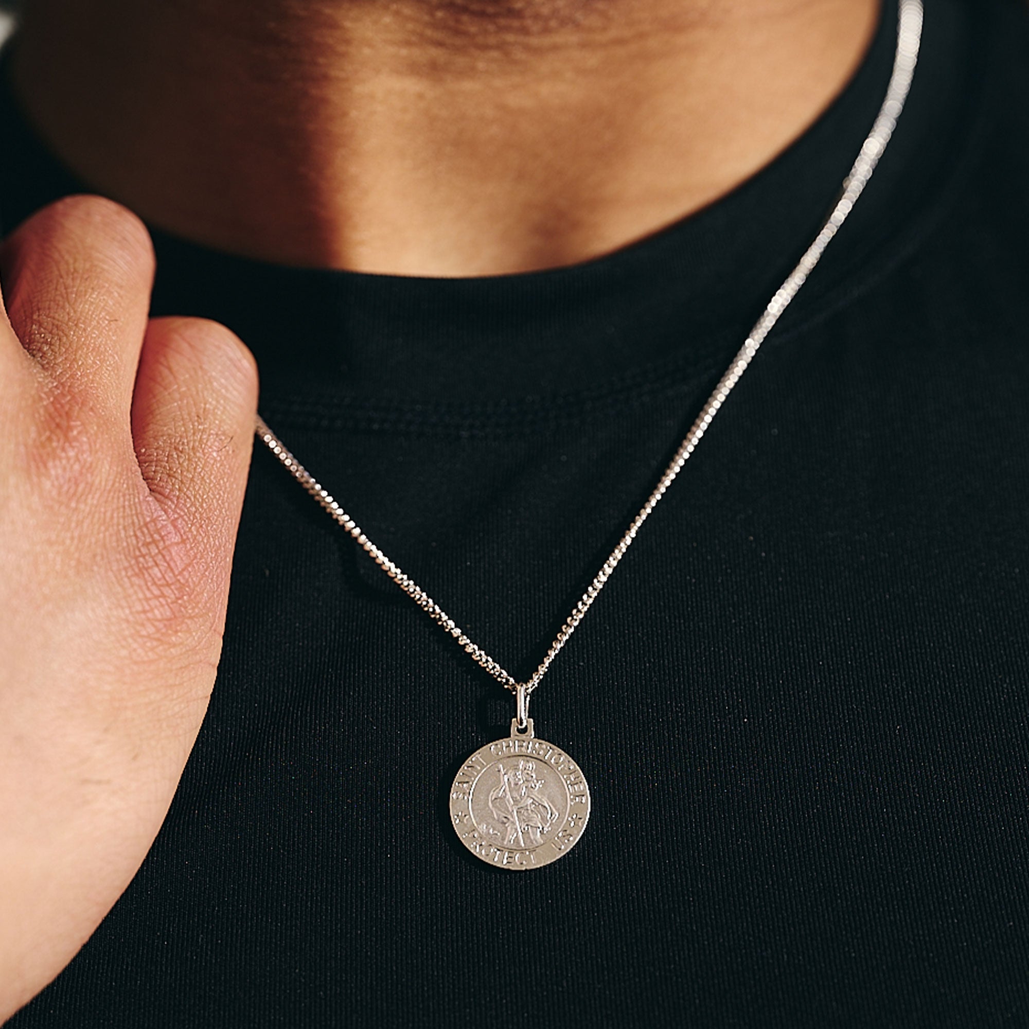 saint christopher protect us silver pendant with stars on curb chain