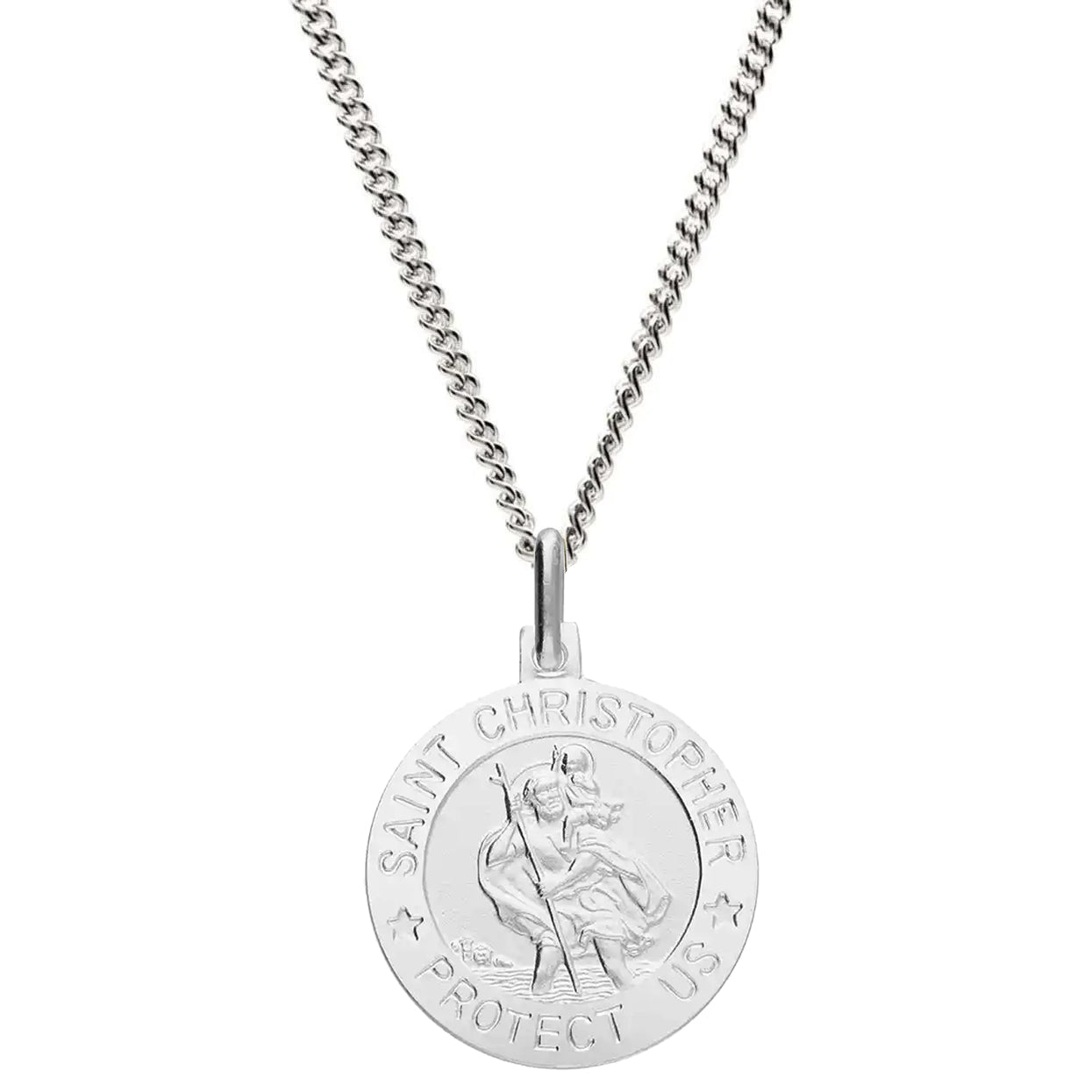 saint christopher protect us silver pendant with stars on curb chain