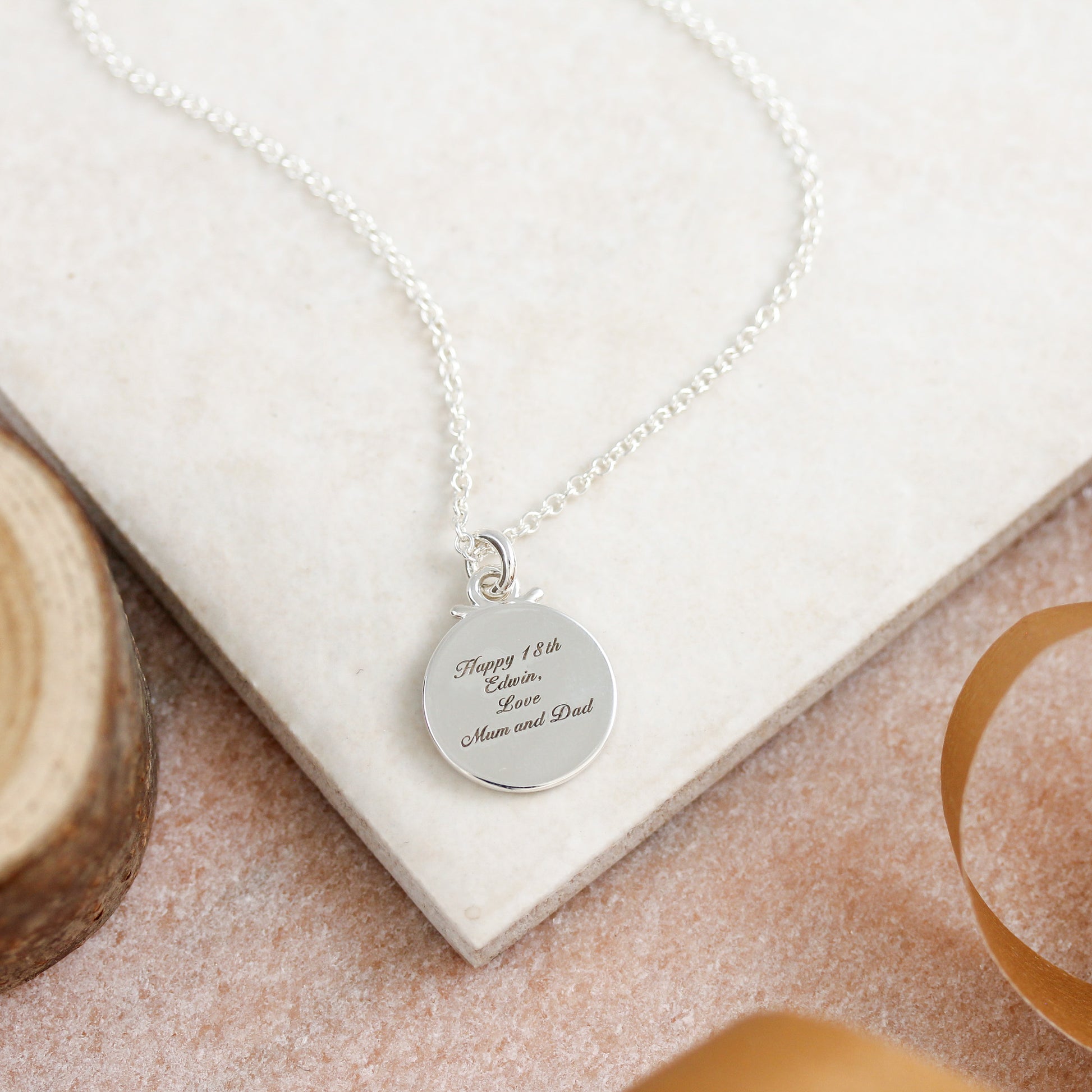 Engraved silver necklace for 18th birthday on trace chain
