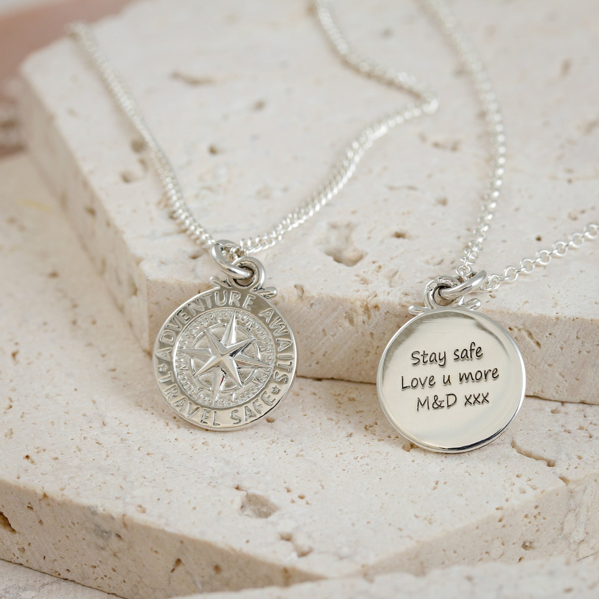 polished travel safe necklace with stay safe engraving from mum and dad