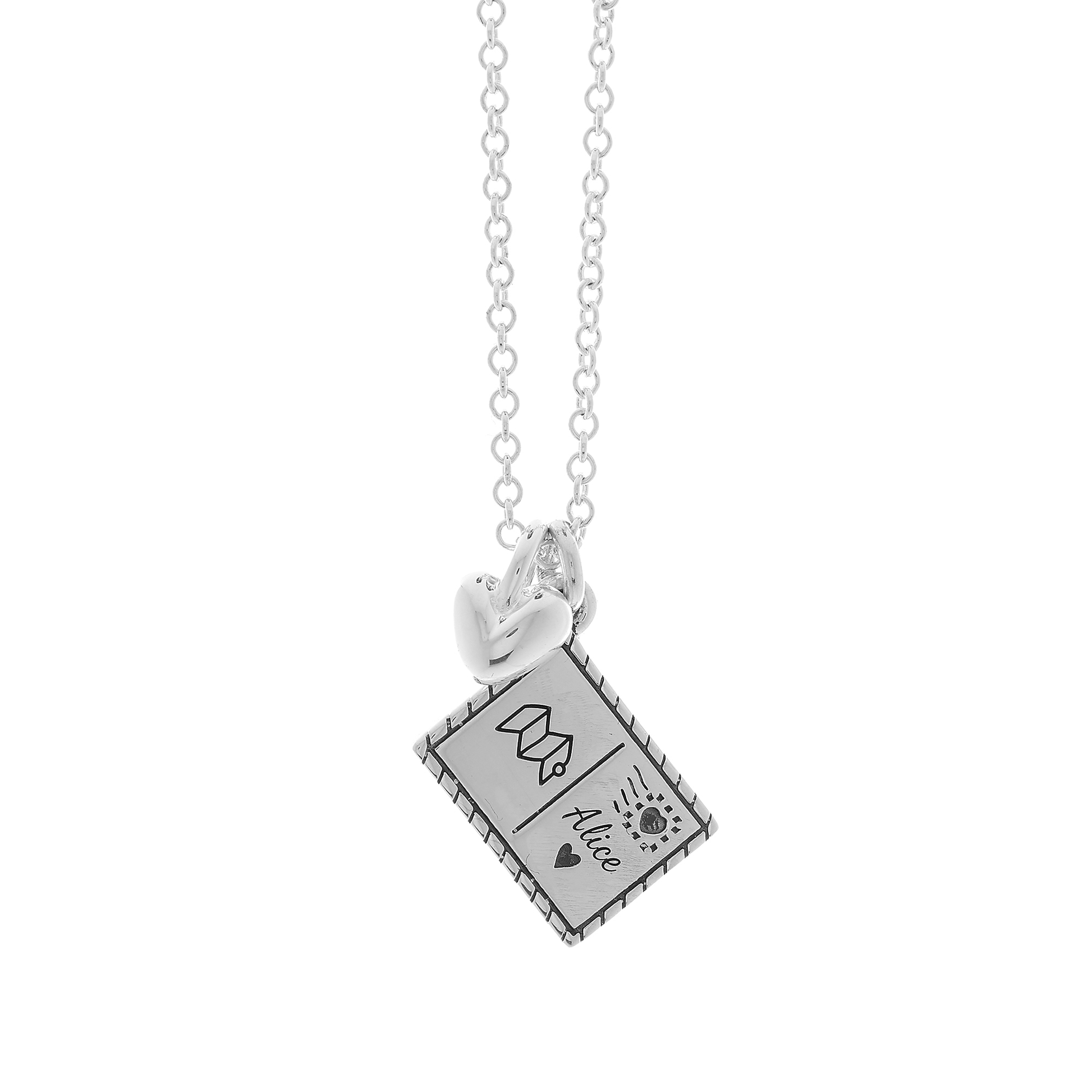 Silver necklace with a postcard personalised pendant and heart off the map jewellery