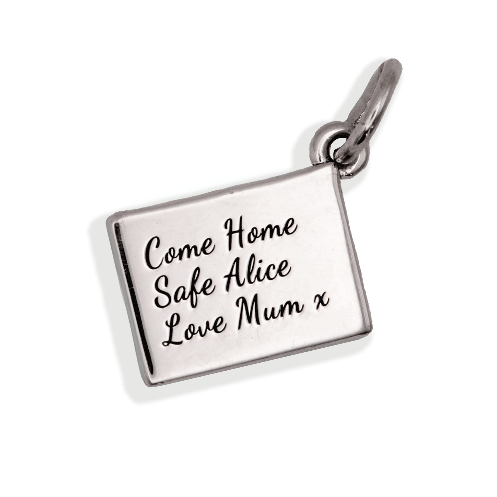 back of silver postcard charm with personalised name and symbols by Off The Map Jewellery