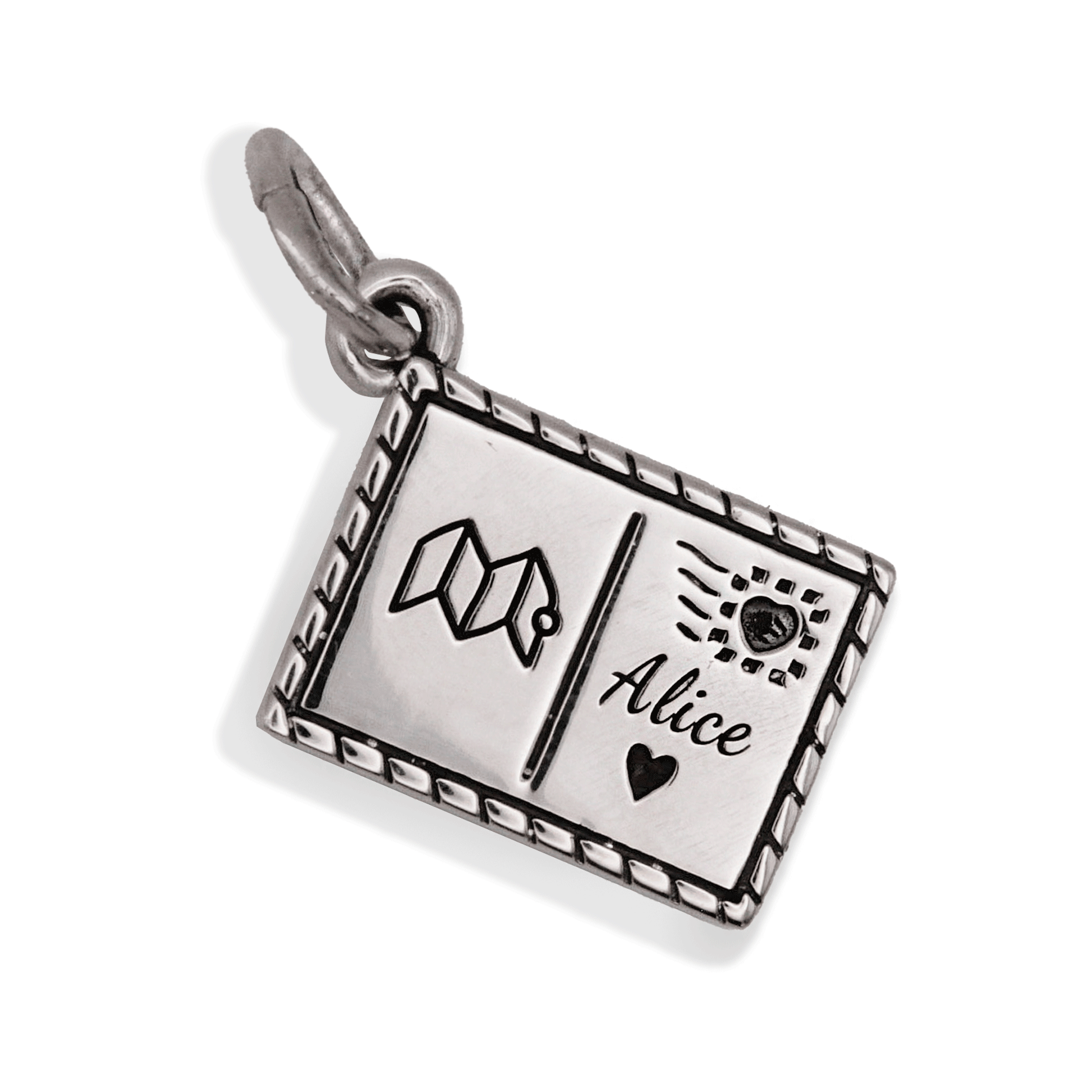 Silver postcard with personalised name and symbols by Off The Map Jewellery