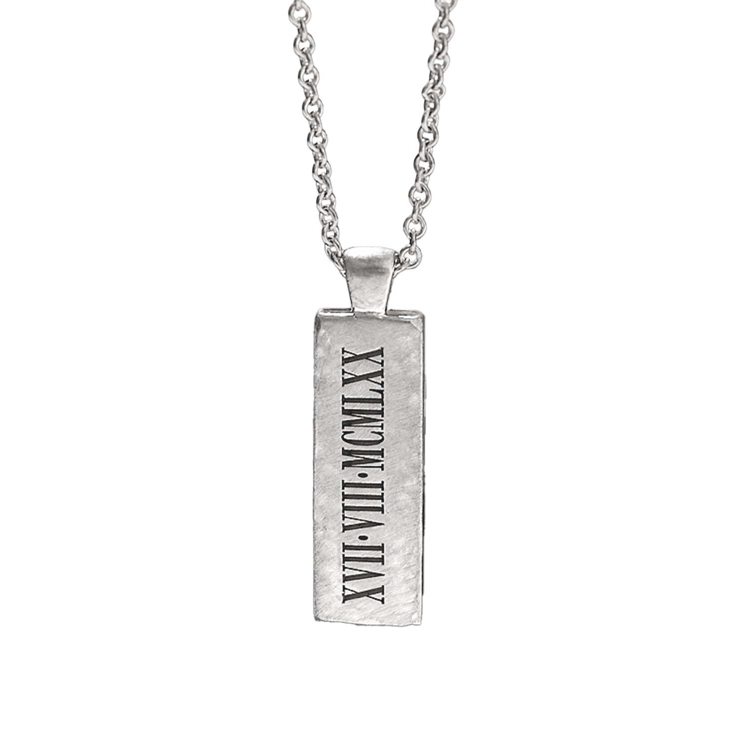 Silver necklace with a rectangular pendant displaying Roman numerals on a white background