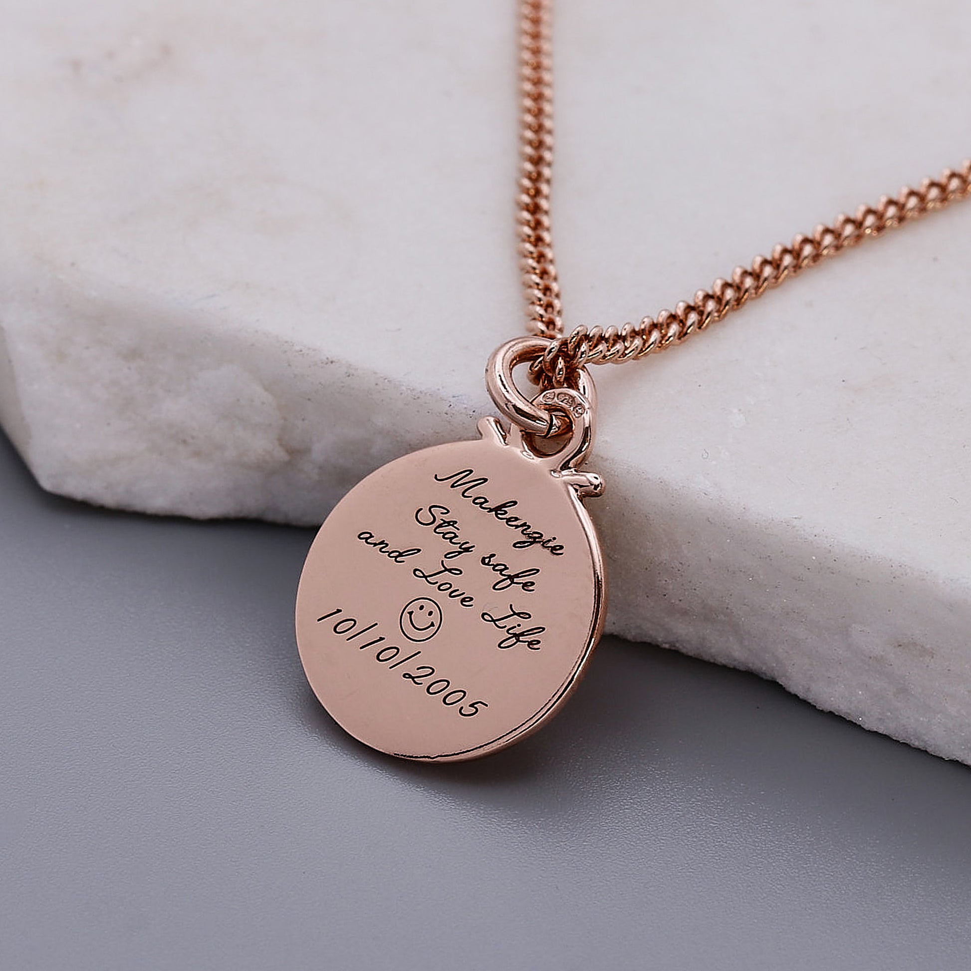 engraved rose gold necklace with smiley face