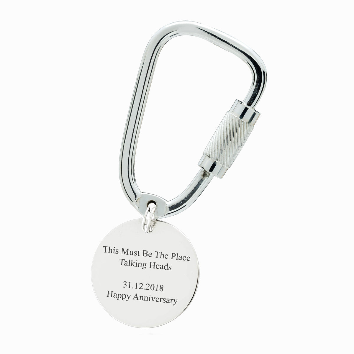 personalised our song wave silver carabiner style keyring round shaped back engraving