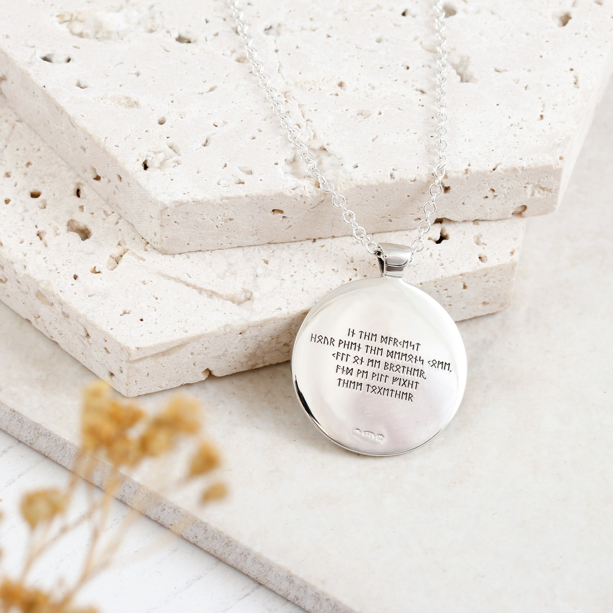 viking rune silver necklace engraved with rune message on the back personalized