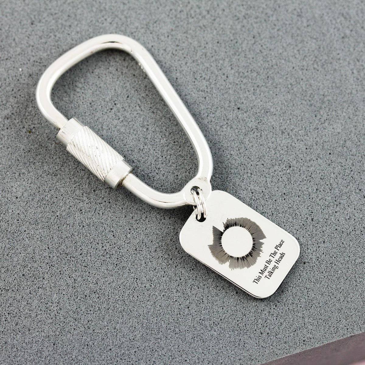 personalised our song wave silver carabiner style keyring dog tag shape