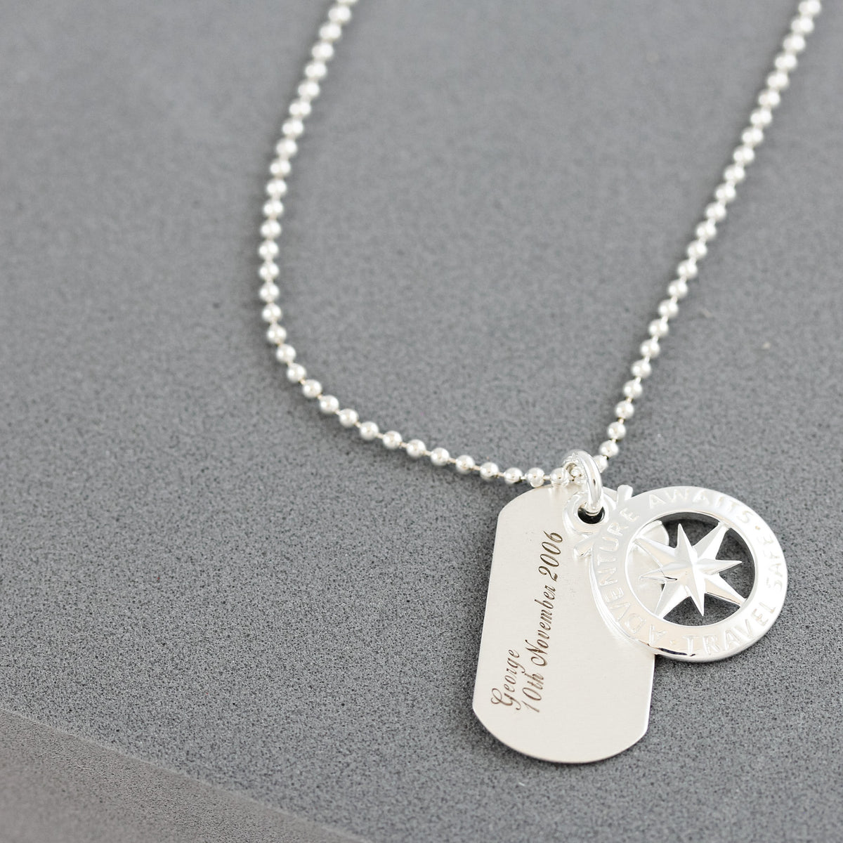 travel safe necklace with birth date and name