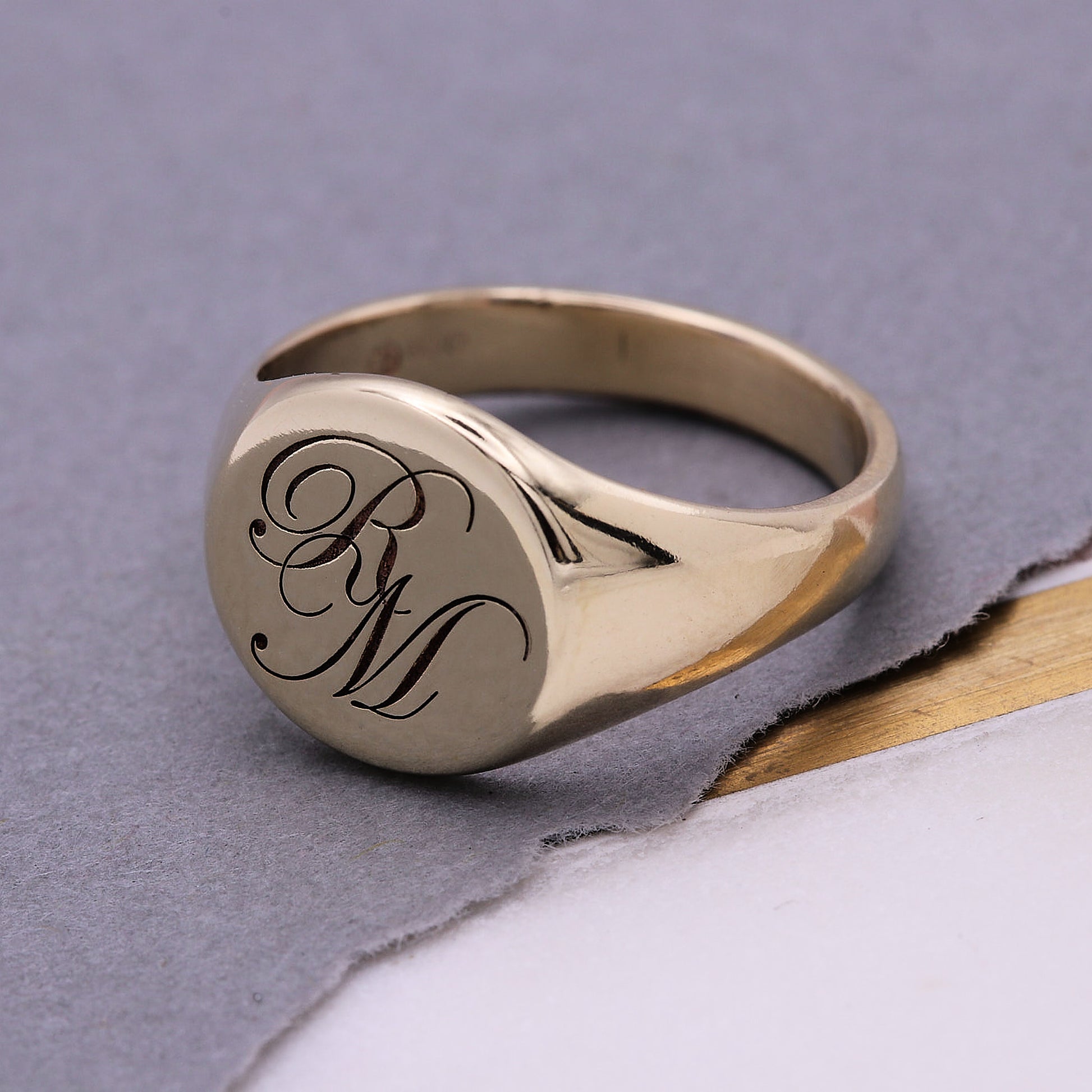 solid gold engraved initials signet ring pinky ring for men or women