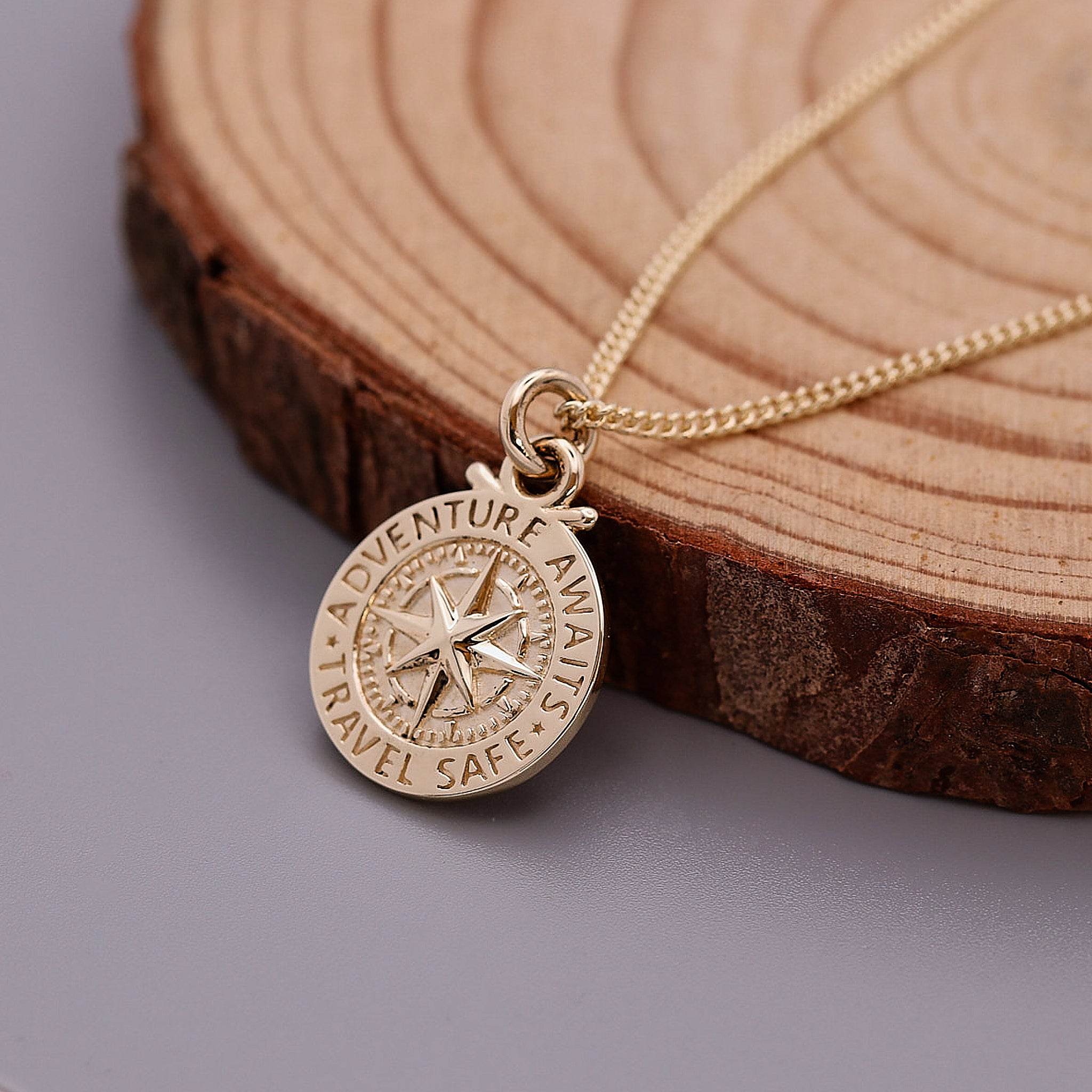 Travel Safe Compass Personalised Solid Gold Necklace