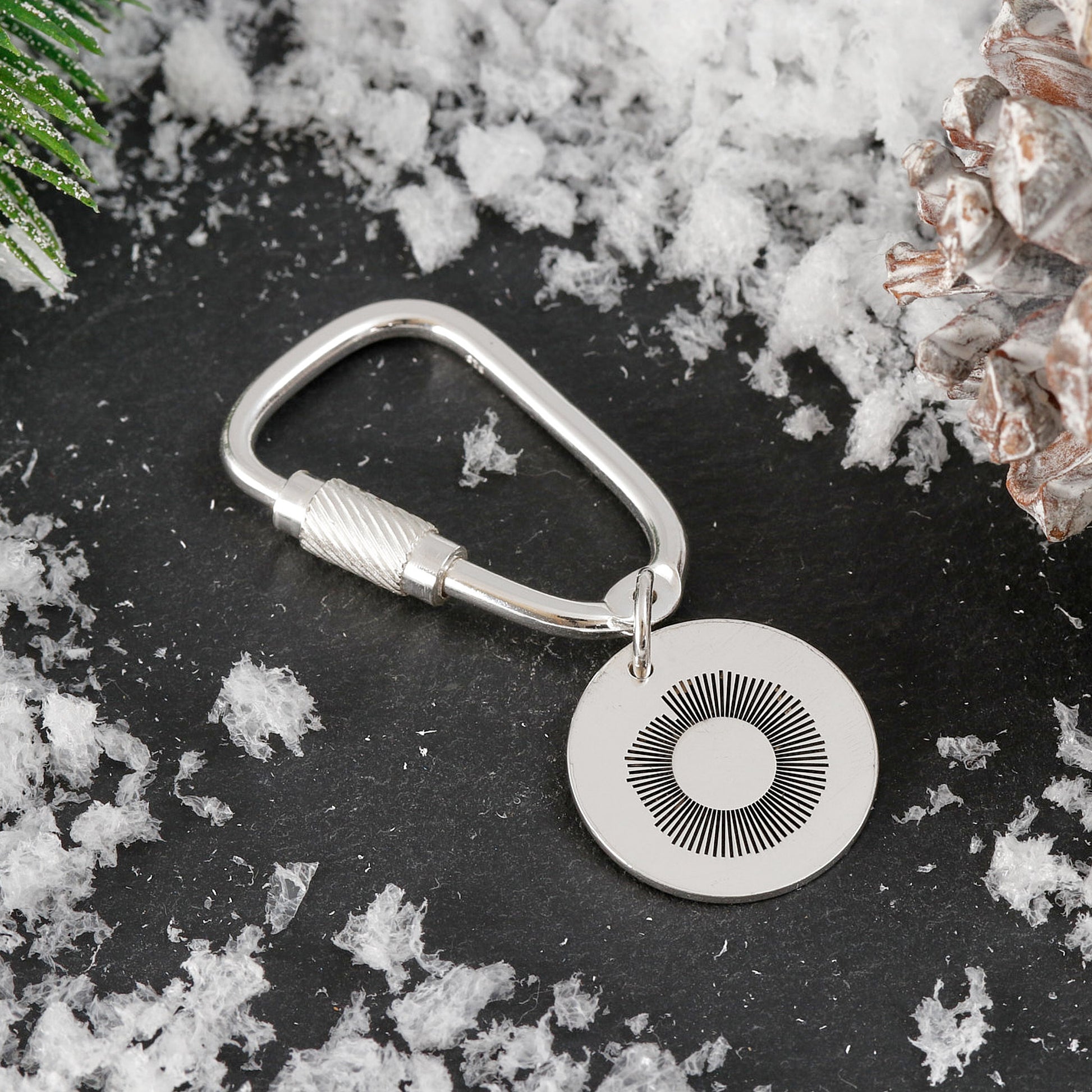 silver keyring with song wave on snow background