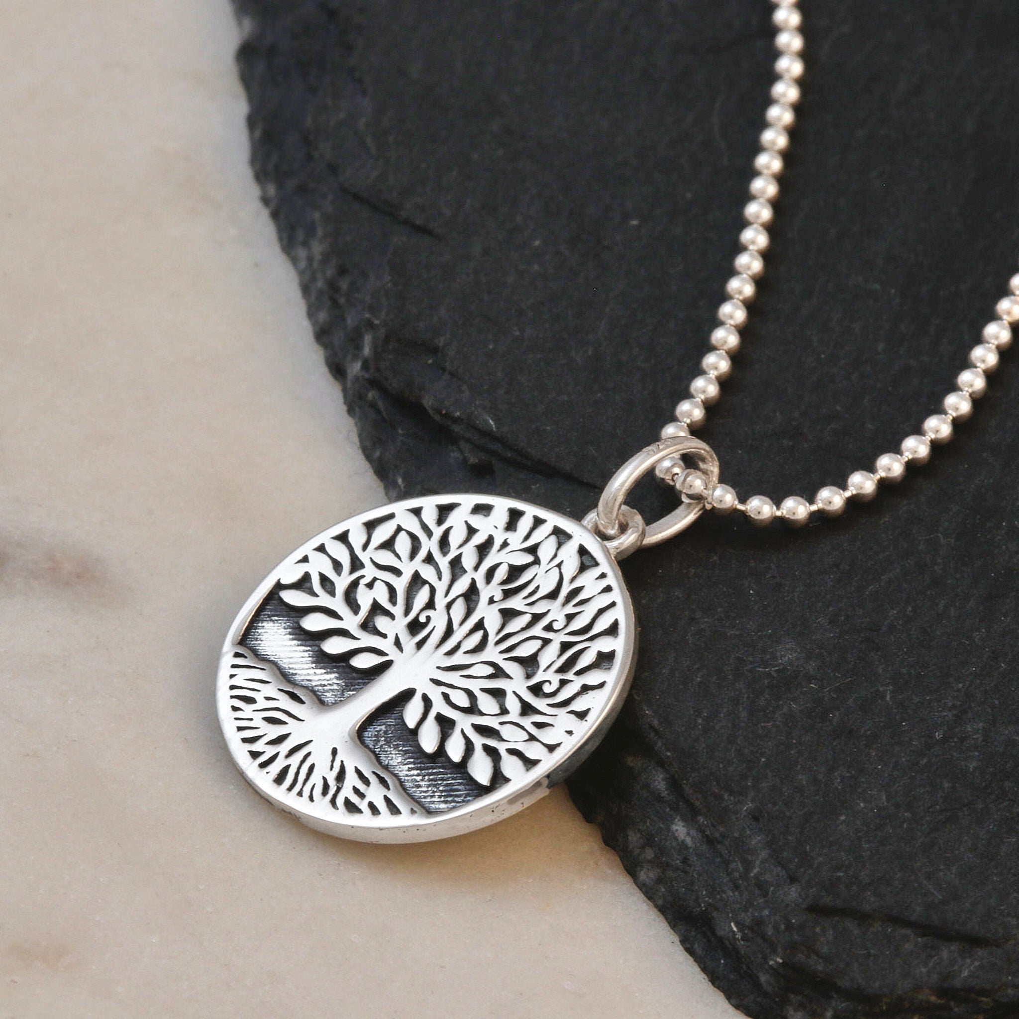 Silver tree of life pendant on silver ball chain necklace
