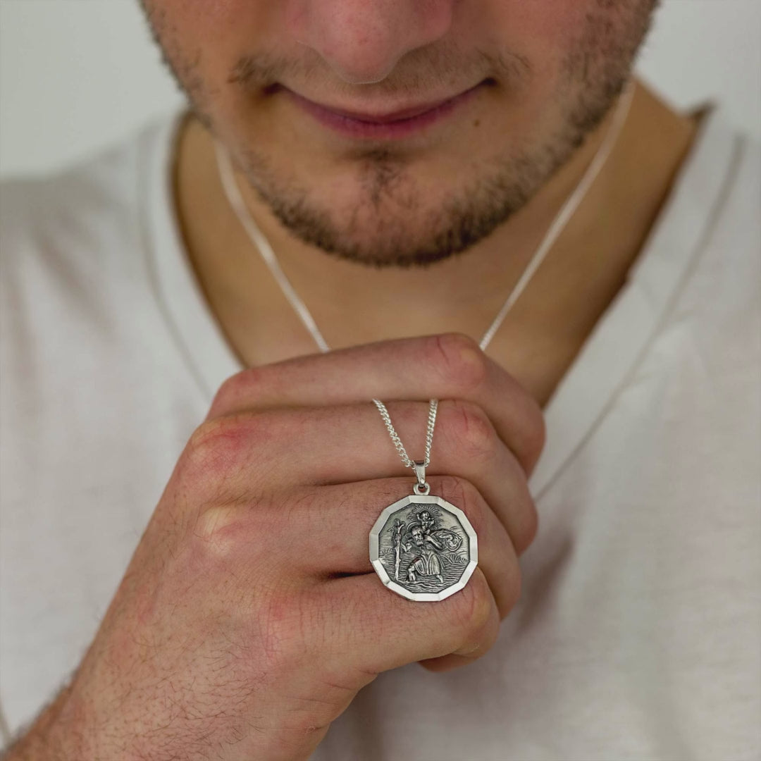 large 12 sided saint Christopher dodecagon unusual pendant for men solid silver Off The Map Travel Jewellery Uk