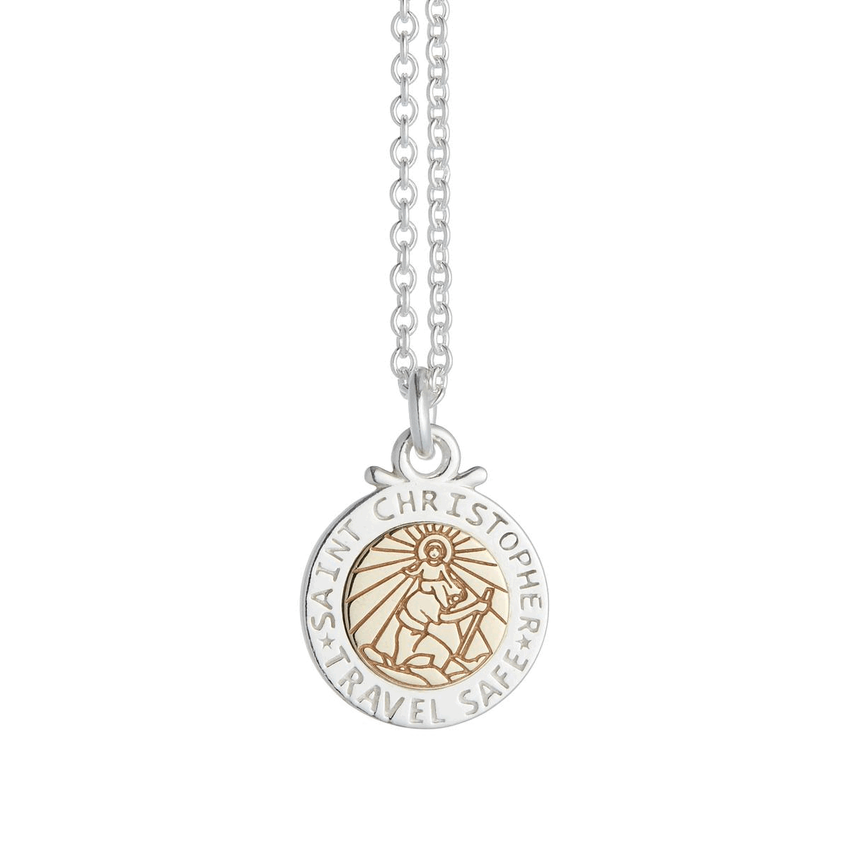 Off The Map St Christopher Silver & Solid Gold Necklace - engraved travel safe Saint Christopher