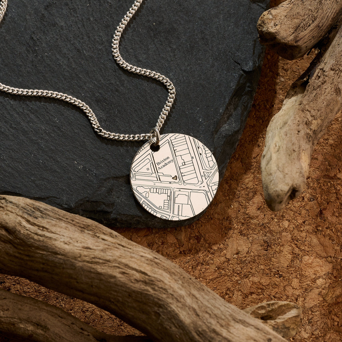 25mm round silver custom street map necklace