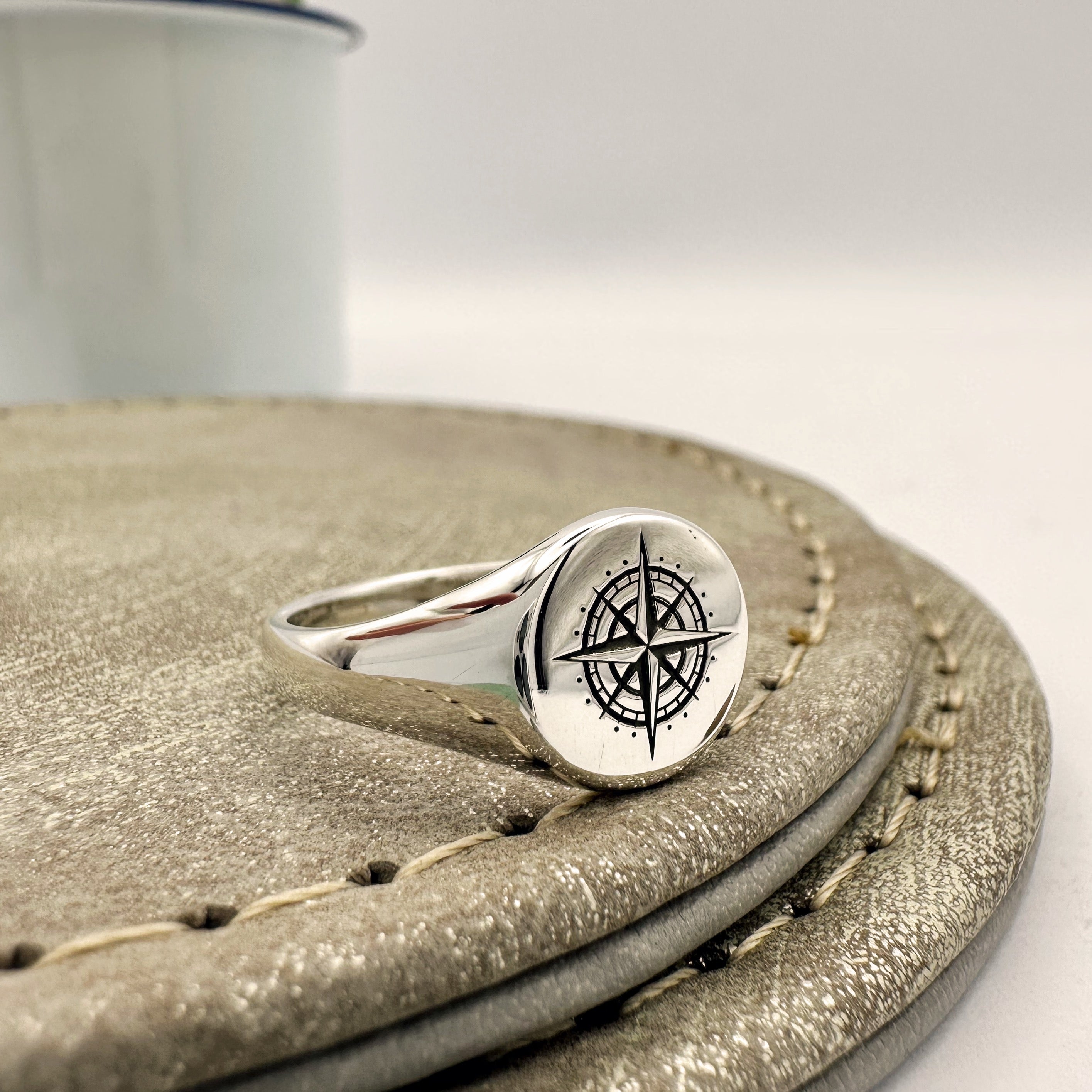 custom enrgaved compass silver signet ring 