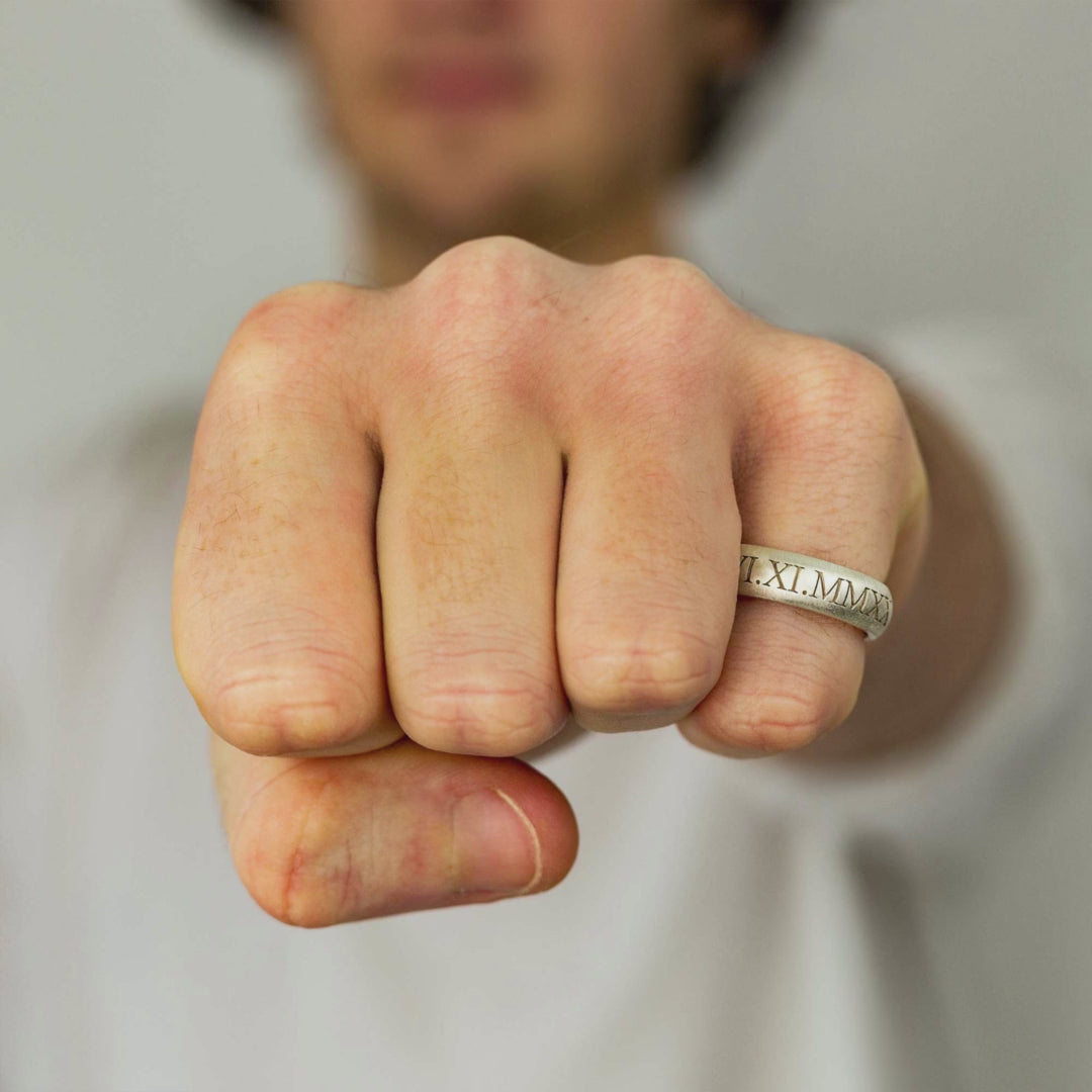 6mm wide silver ring engraved with roman numerals date for 18th birthday gift him her made in UK Off the map jewellery