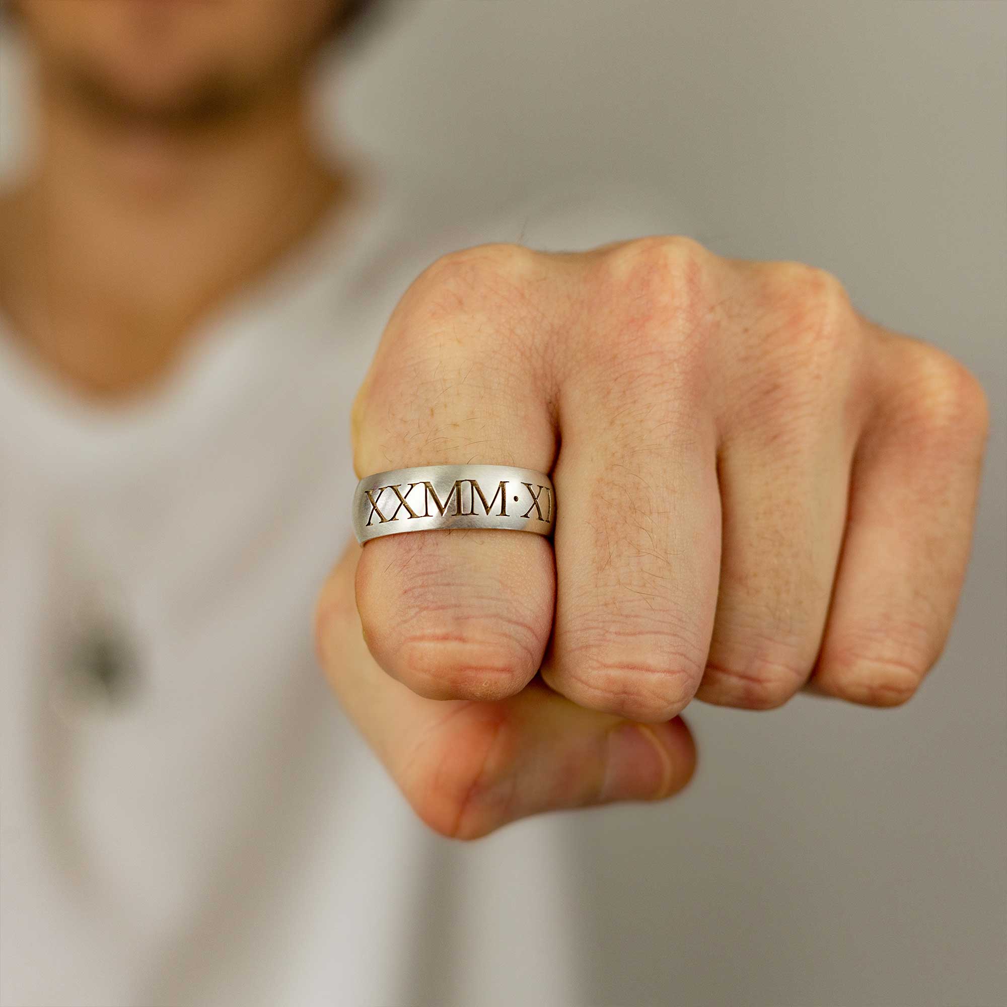 roman numerals engraved mens chunky silver band ring 18th birthday gift