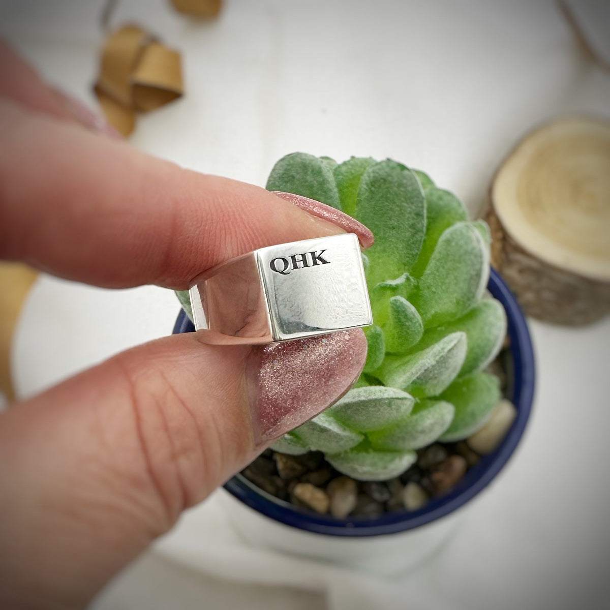 mens silver square signet ring personalised with initials engraved