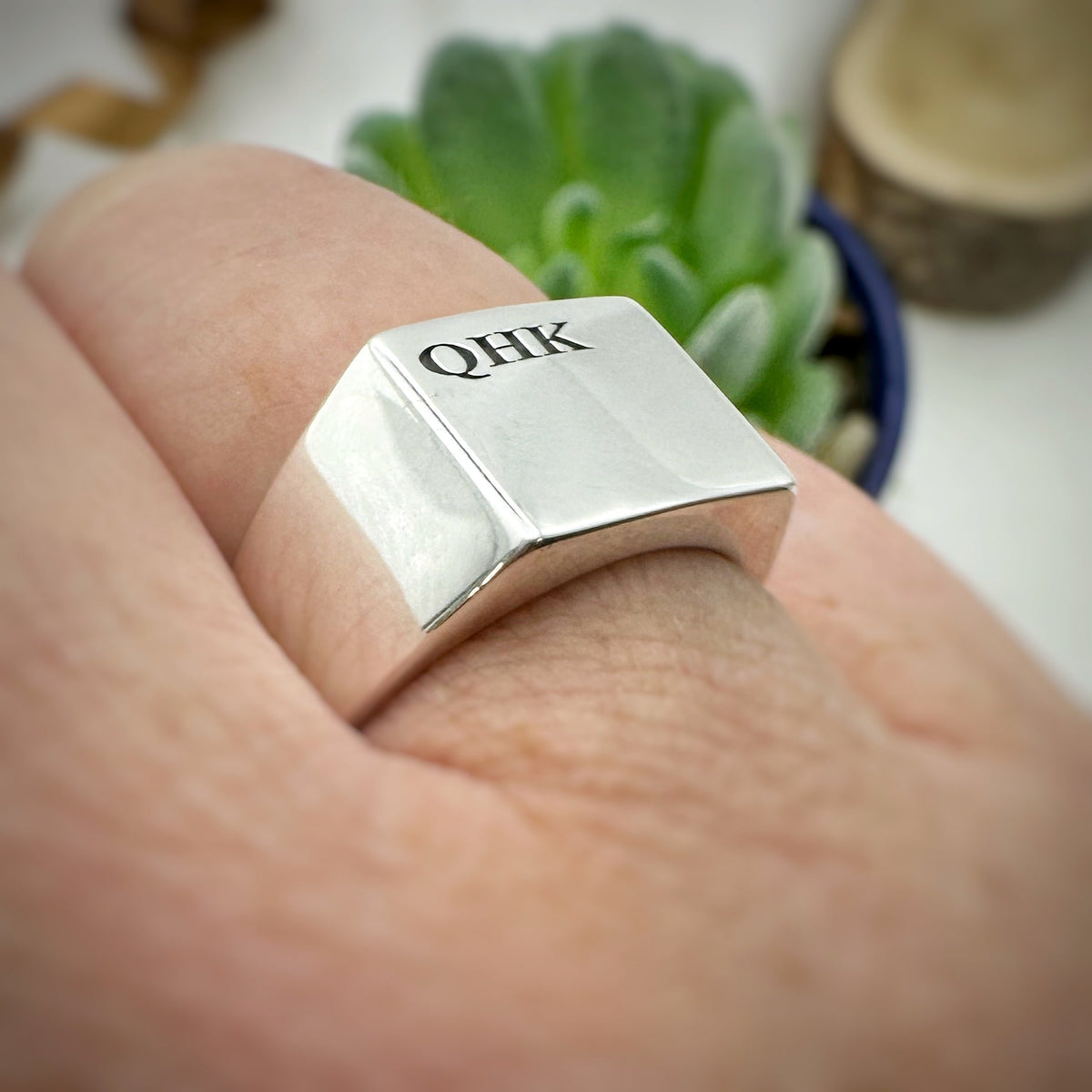 mens silver square signet ring personalised with initials engraved