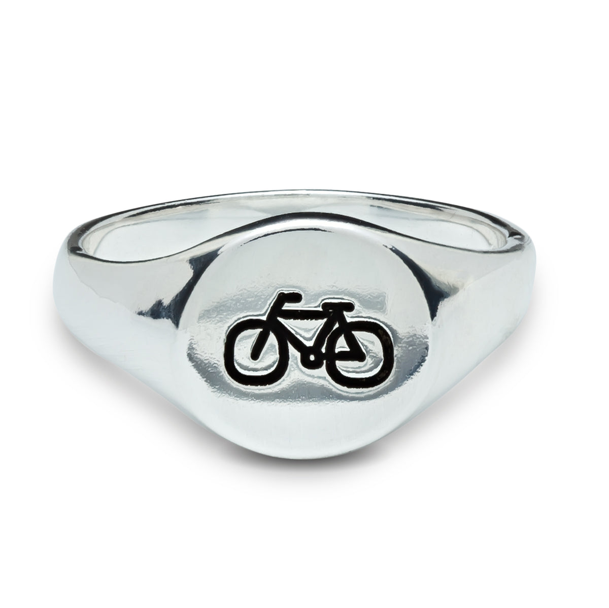 Silver Cyclist Signet Ring for men and women engraved with bike symbol from Off The Map Jewellery Brighton