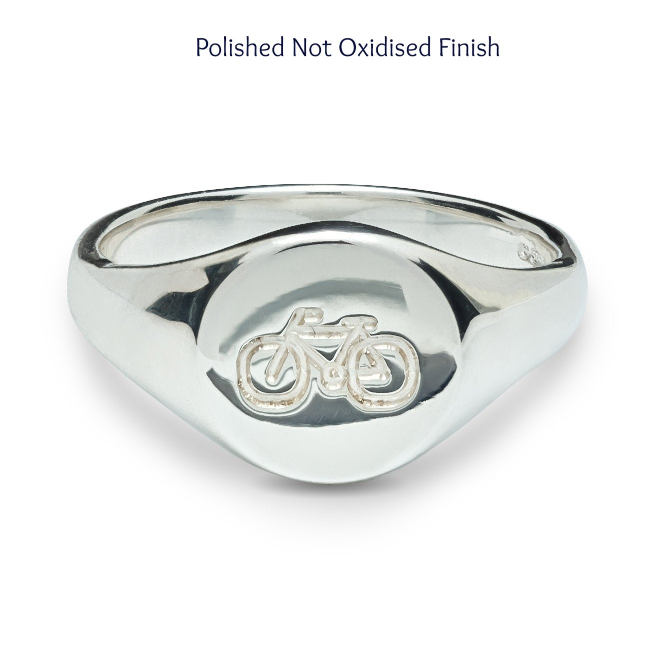 Polished silver mens signet ring engraved with bike symbol