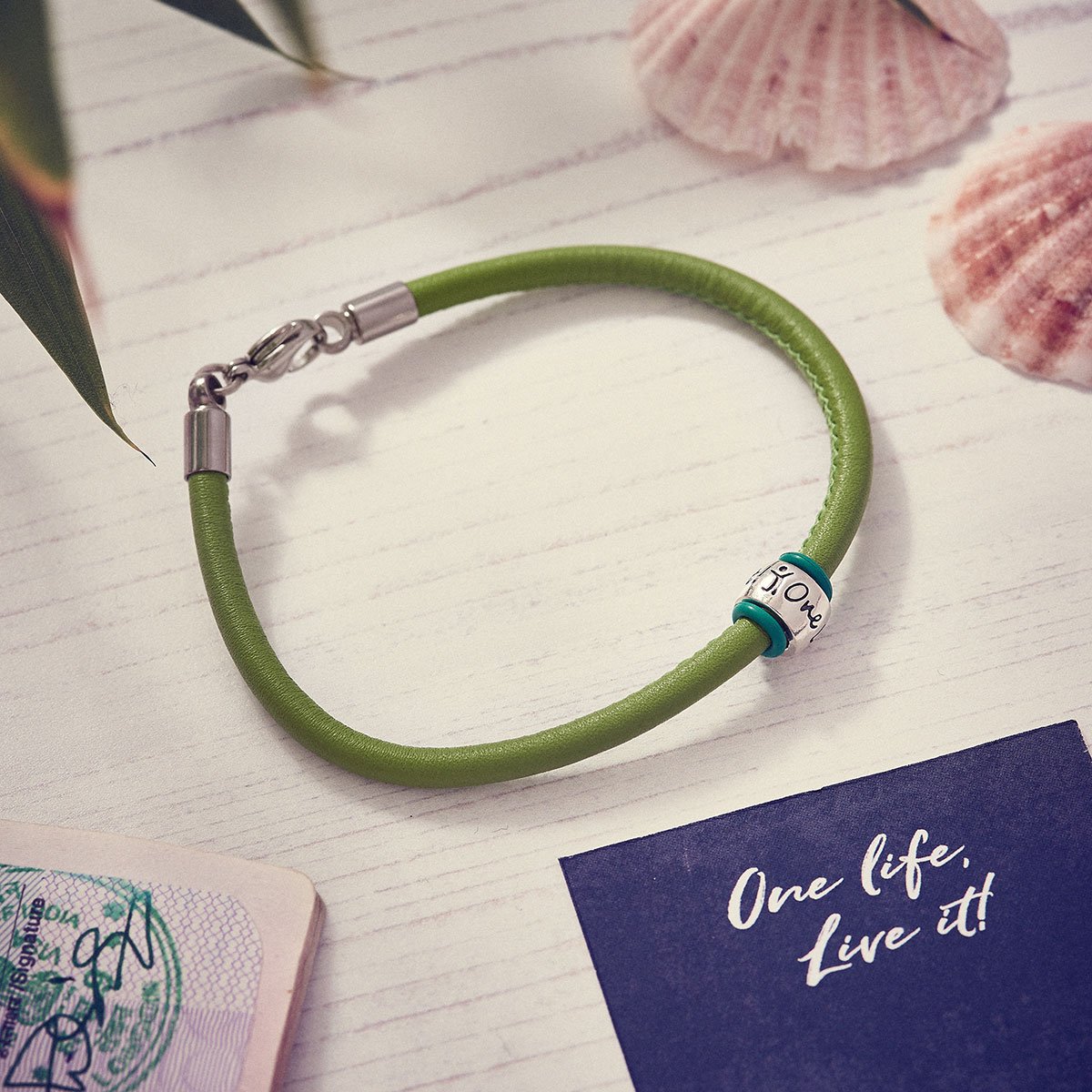 green leather bracelet for a man engraved one life live it