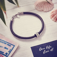 Gray leather & Silver bead charm mens bracelet engraved One Life Live It for adventurers from Off The Map Brighton