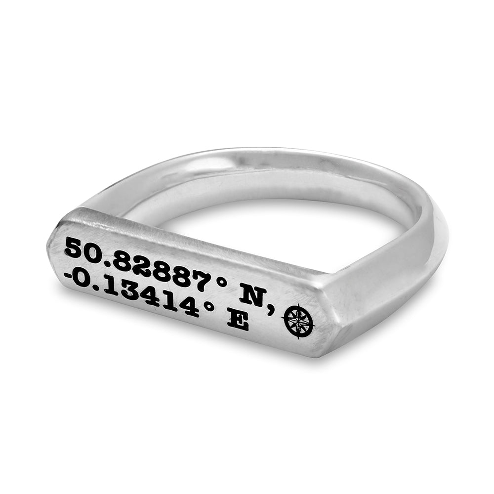 custom co-ordinates latitude longitde hexagon bar silver signet ring