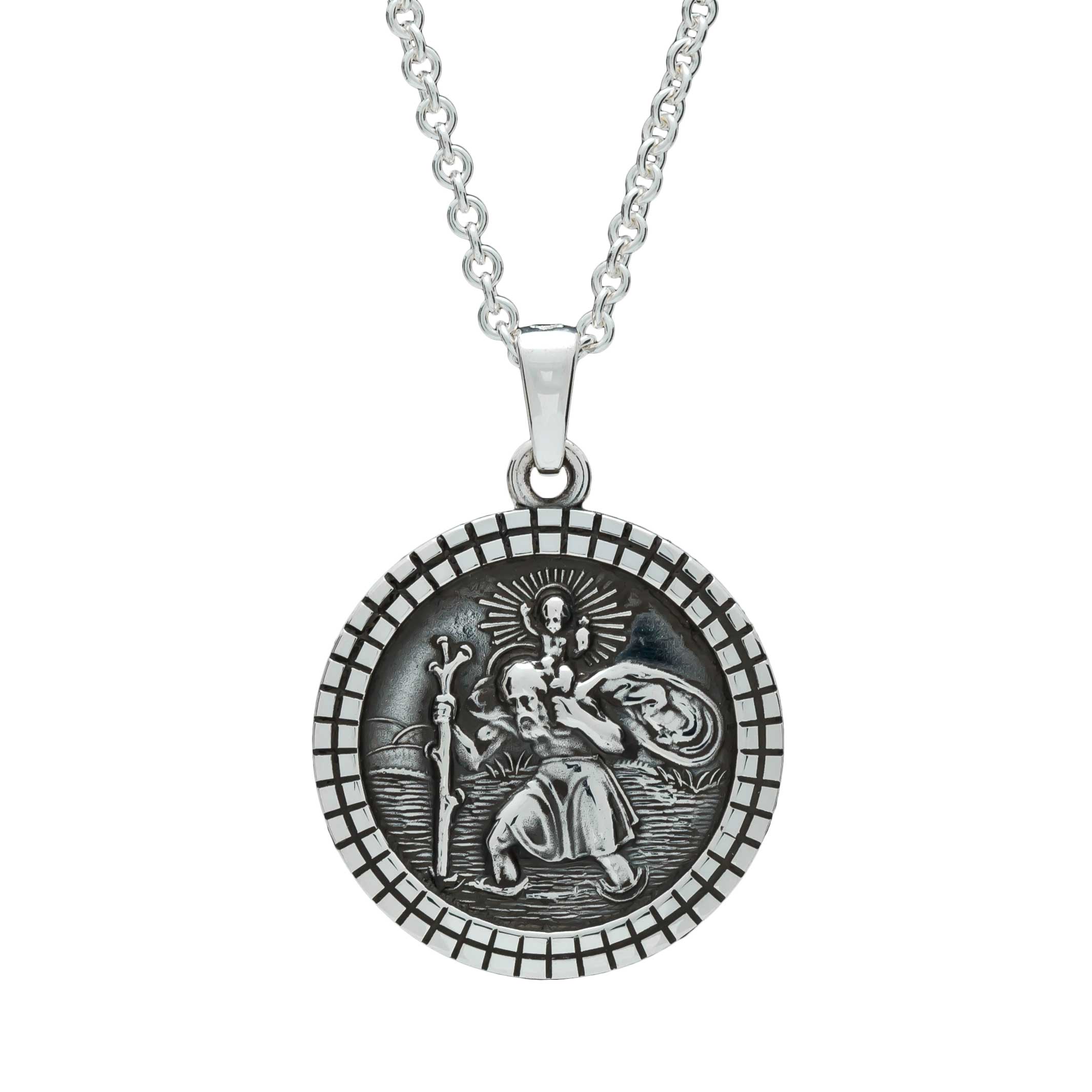 St Christopher Mosaic Border Silver Necklace - Womens solid silver saint christopher pendant